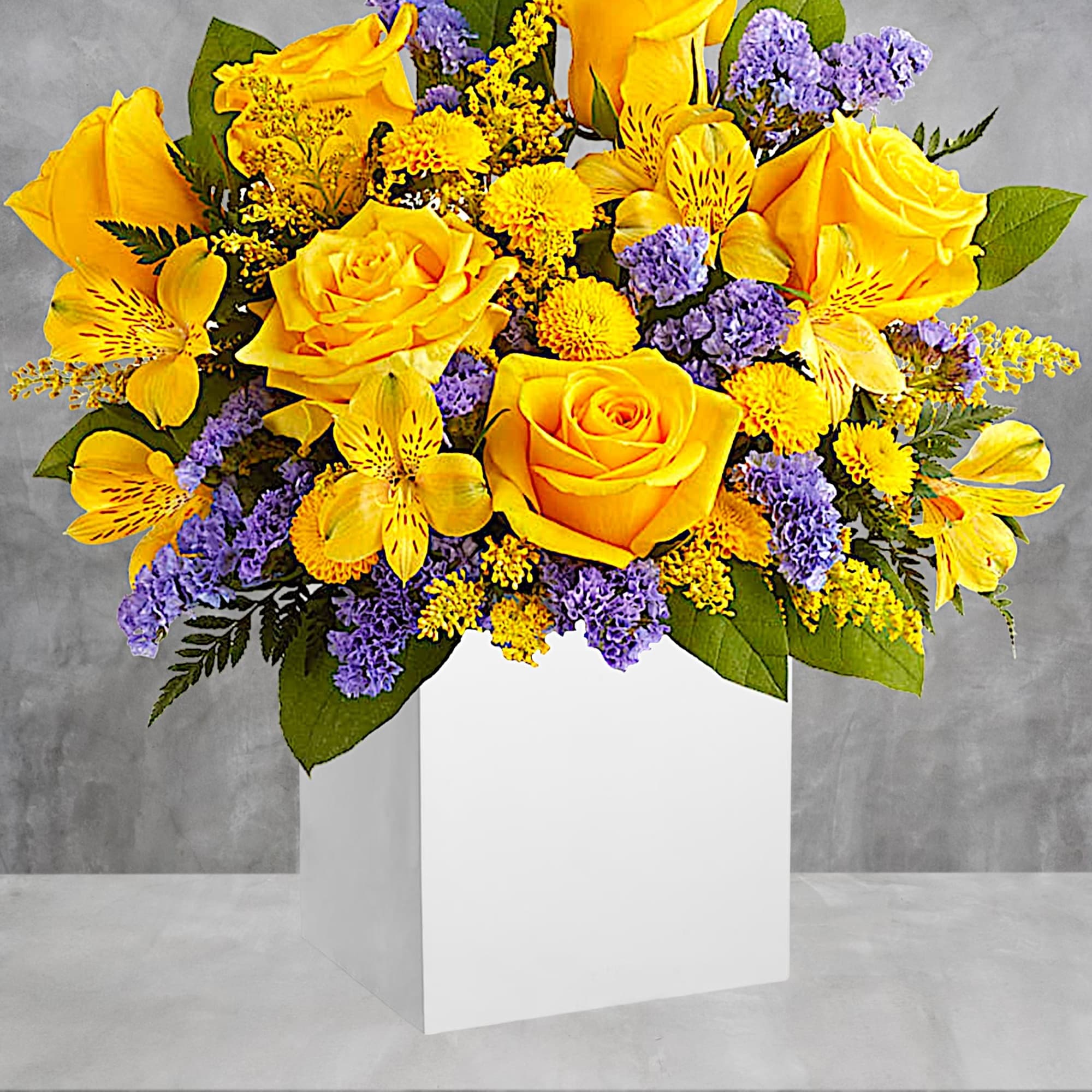 Cool and contemporary meets bright and fun! Cheerful yellow roses get a