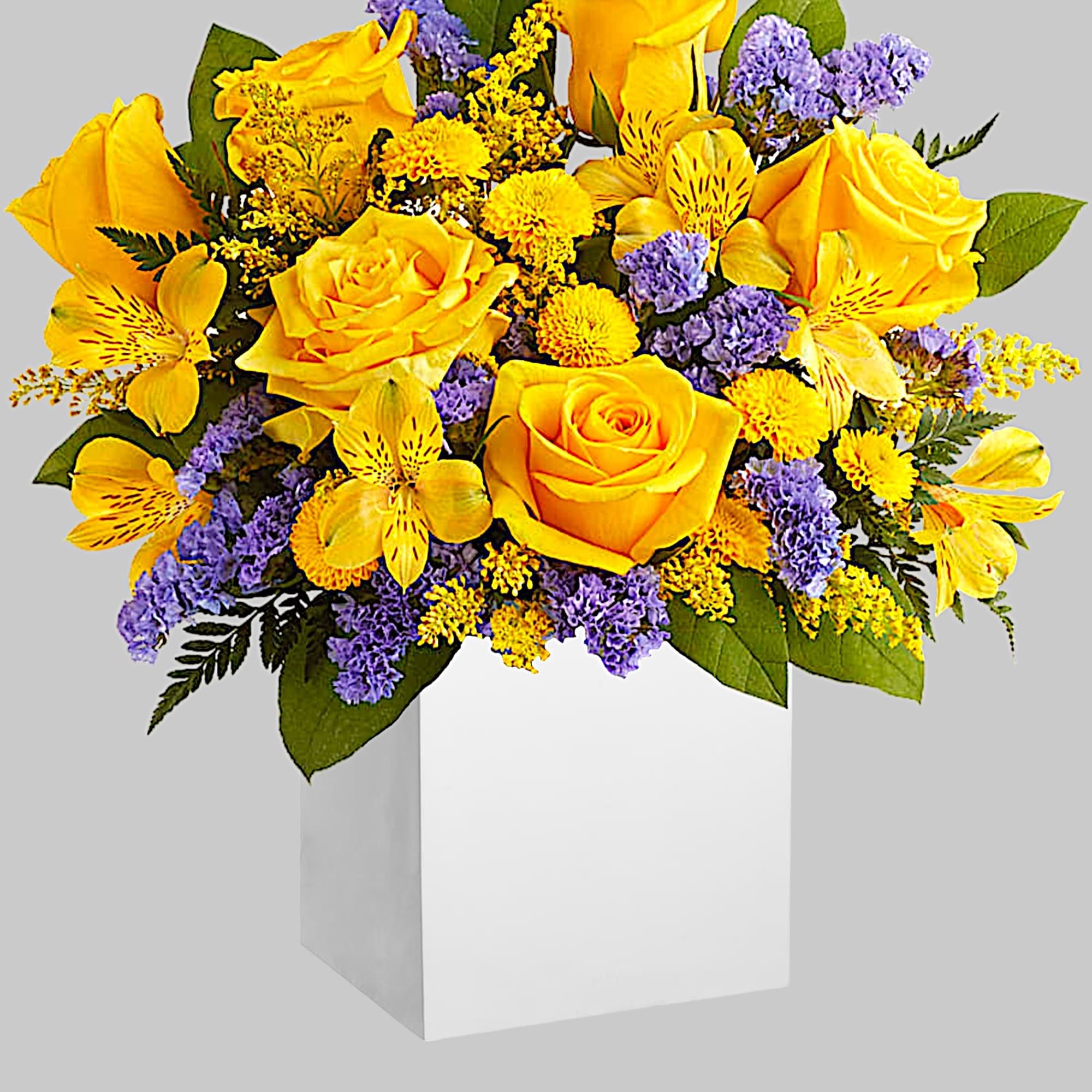 Cool and contemporary meets bright and fun! Cheerful yellow roses get a