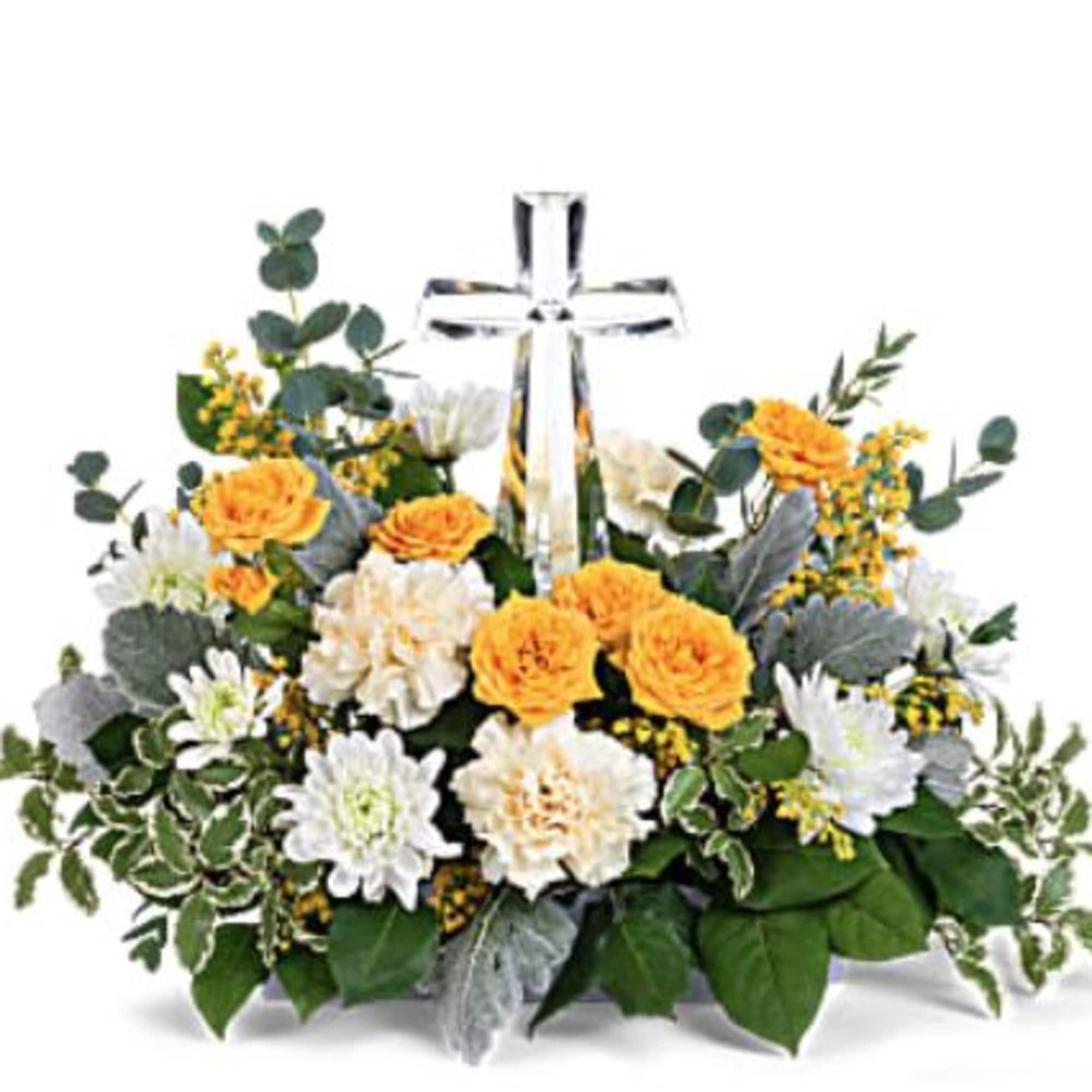 This hopeful arrangement includes yellow spray roses, light yellow carnations, white cushion