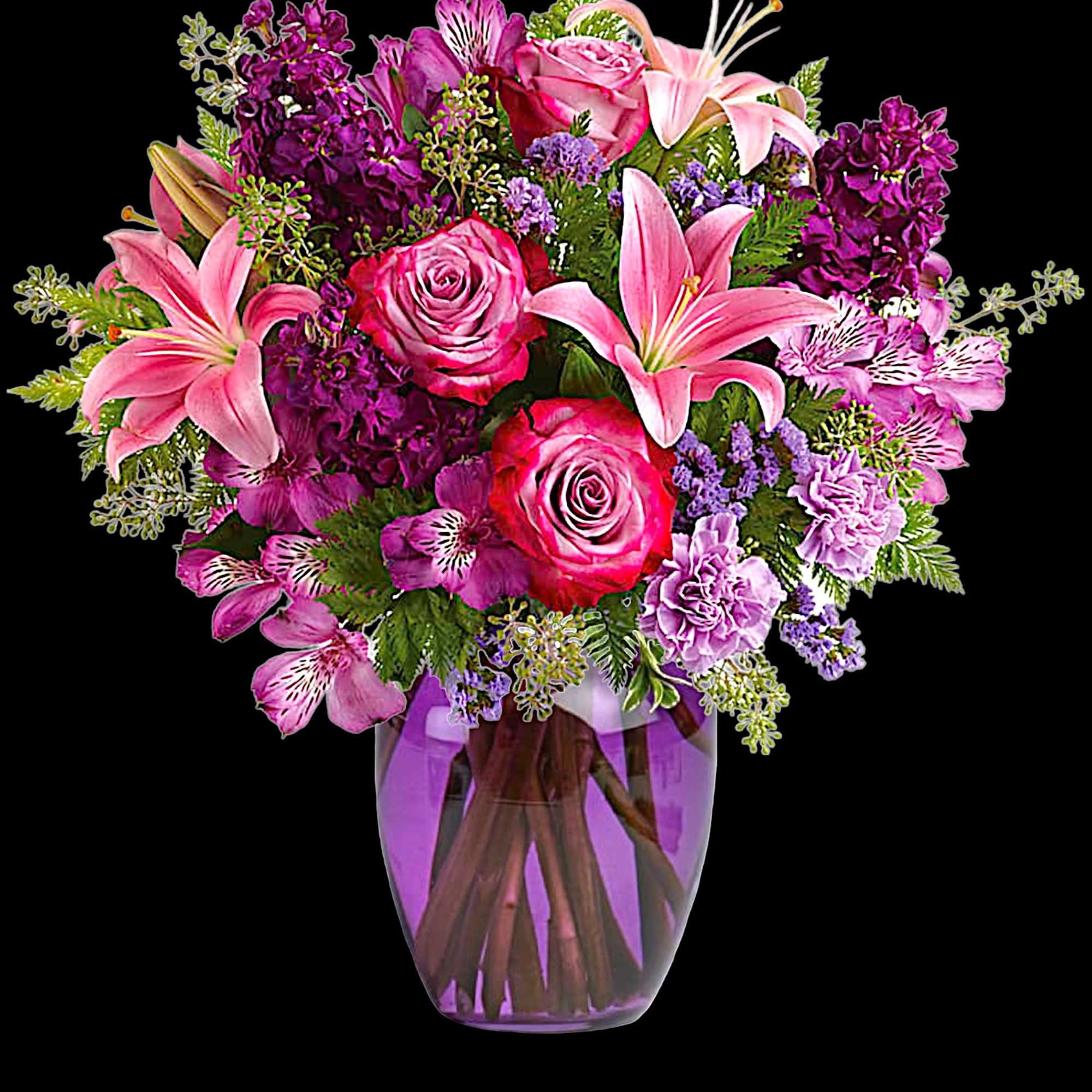 Like a rare jewel, this regal arrangement of lavender roses and pink