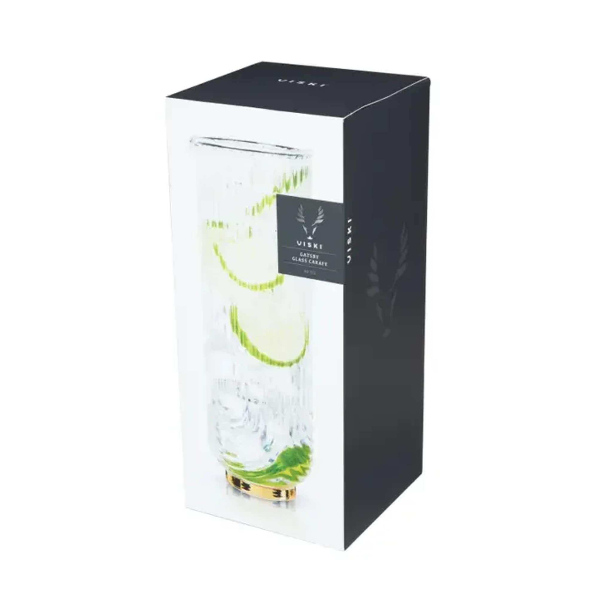 Polished gold and draping glass swathe the surface of this dashing carafe