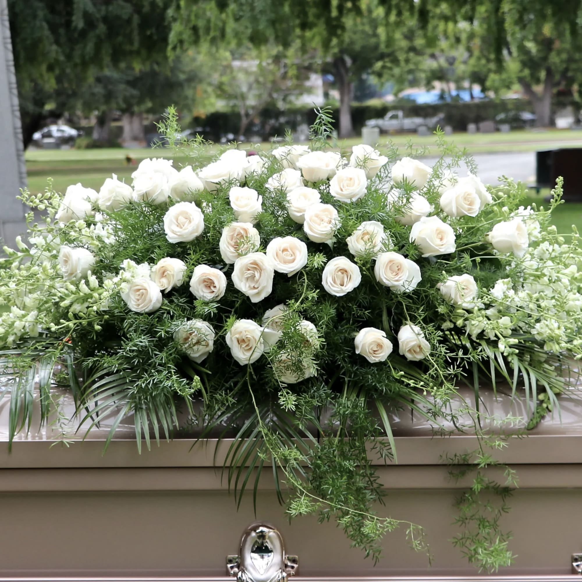 This casket spray includes white roses, snapdragons, and fragrant greens. 

Standard size