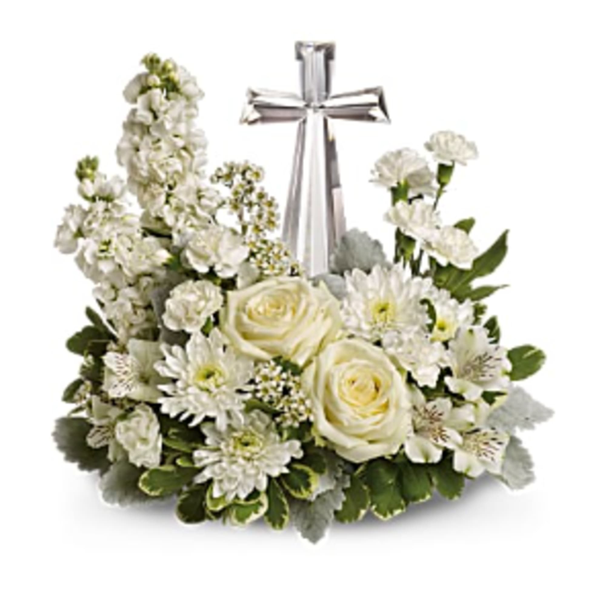 An elegant display of faith and divine peace, this beautiful arrangement will