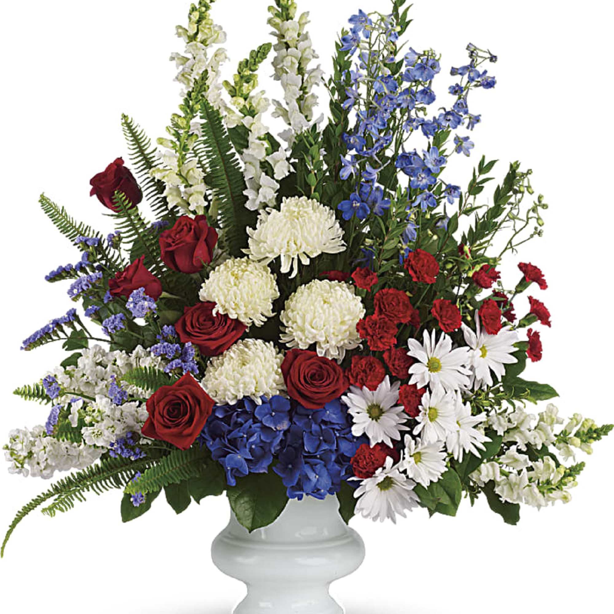 A dazzling display of patriotic red, white, &amp; blue flowers sends a