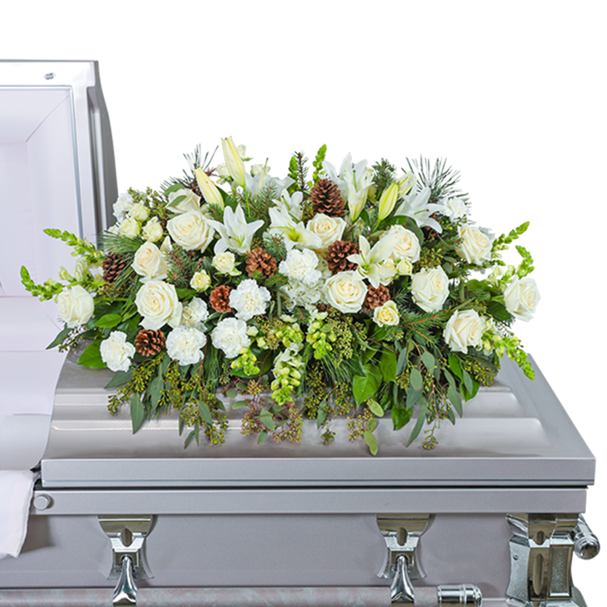 Our Unforgettable Casket Spray is a beautiful arrangement featuring roses, carnations, hydrangeas
