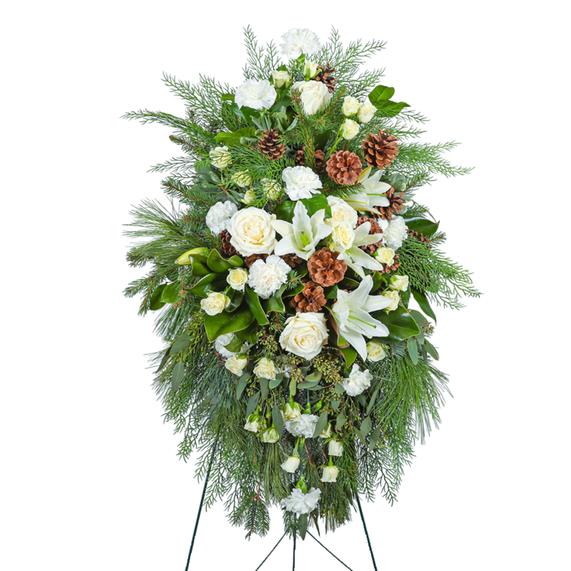 Our Unforgettable Standing Spray is a beautiful arrangement featuring roses, carnations, lilies