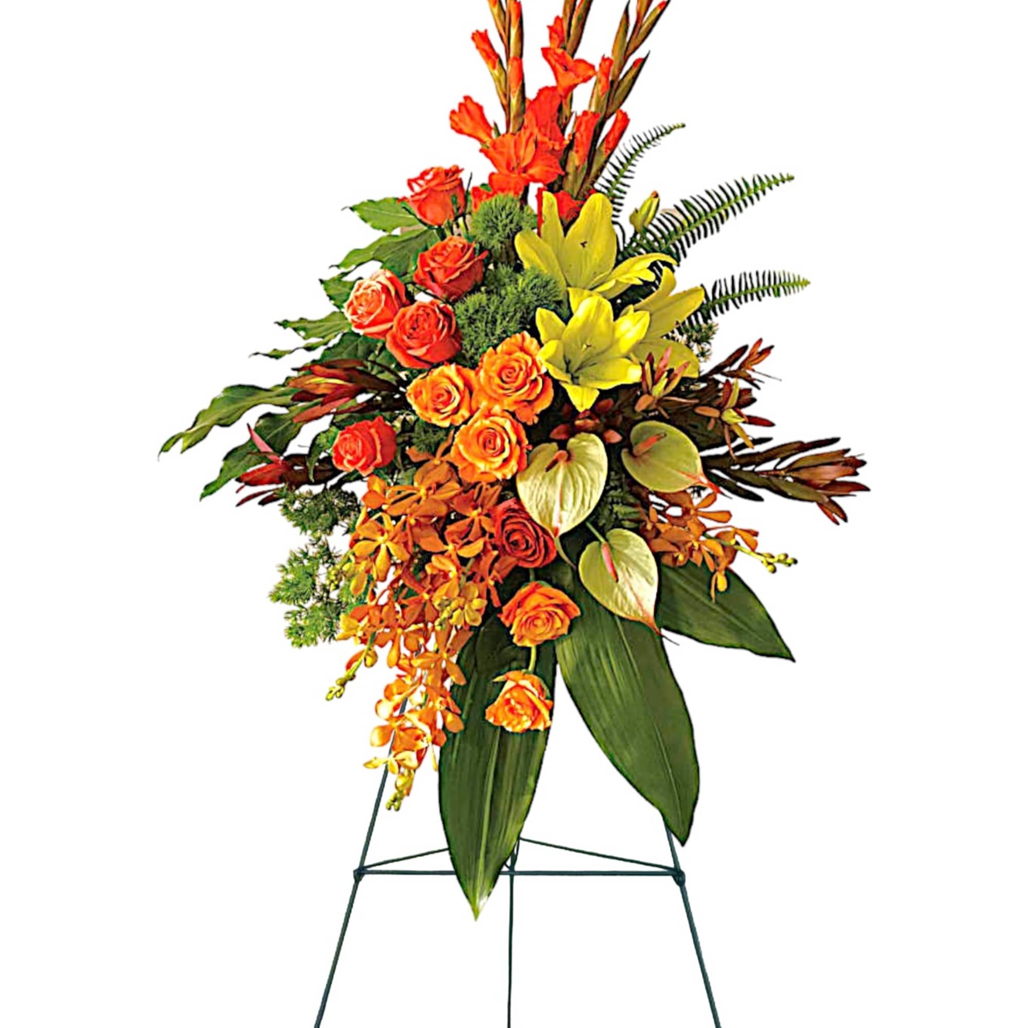 A graceful modern funeral spray of warm colors, it includes flowers such