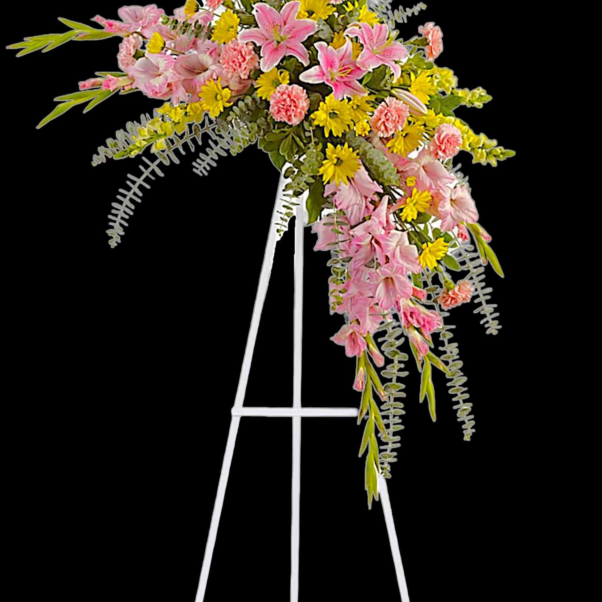 Soft, soothing pink lilies &amp; yellow daisies are crafted into a crescent