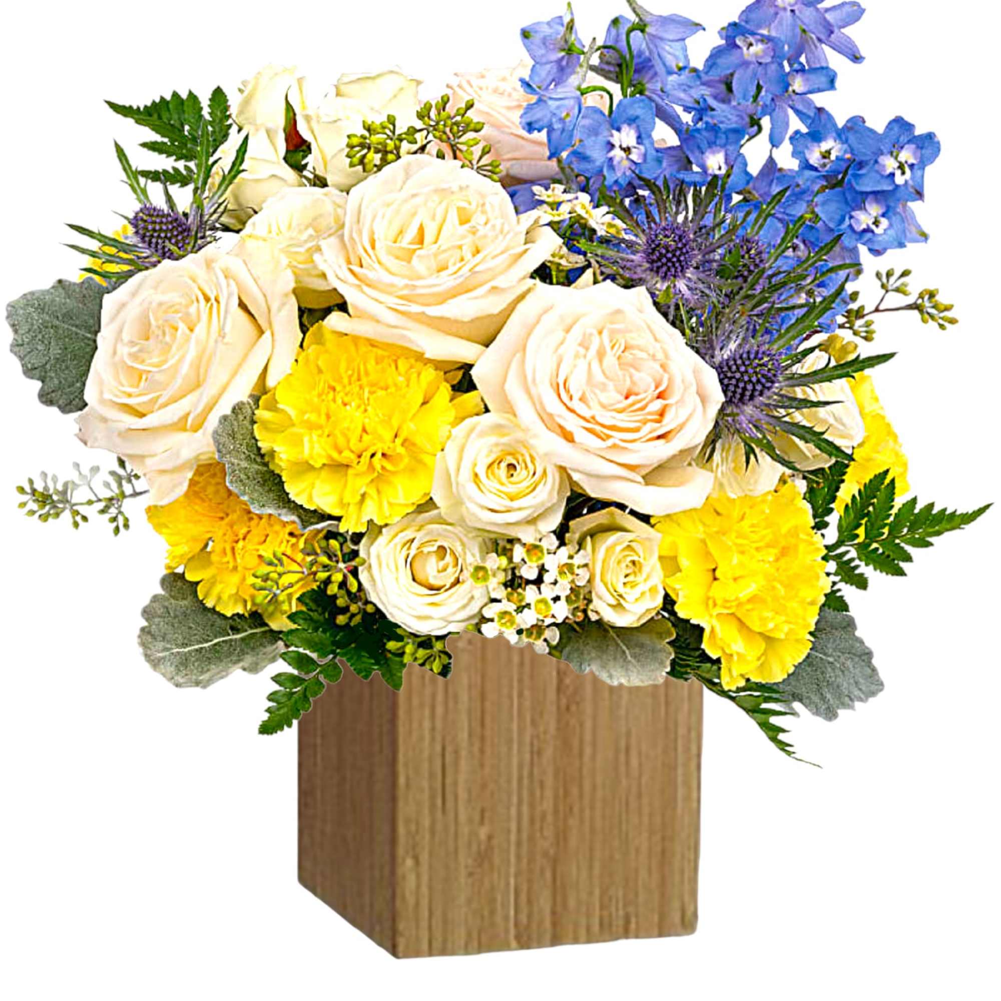 Like wispy clouds in a bright blue sky, this beautiful arrangement of