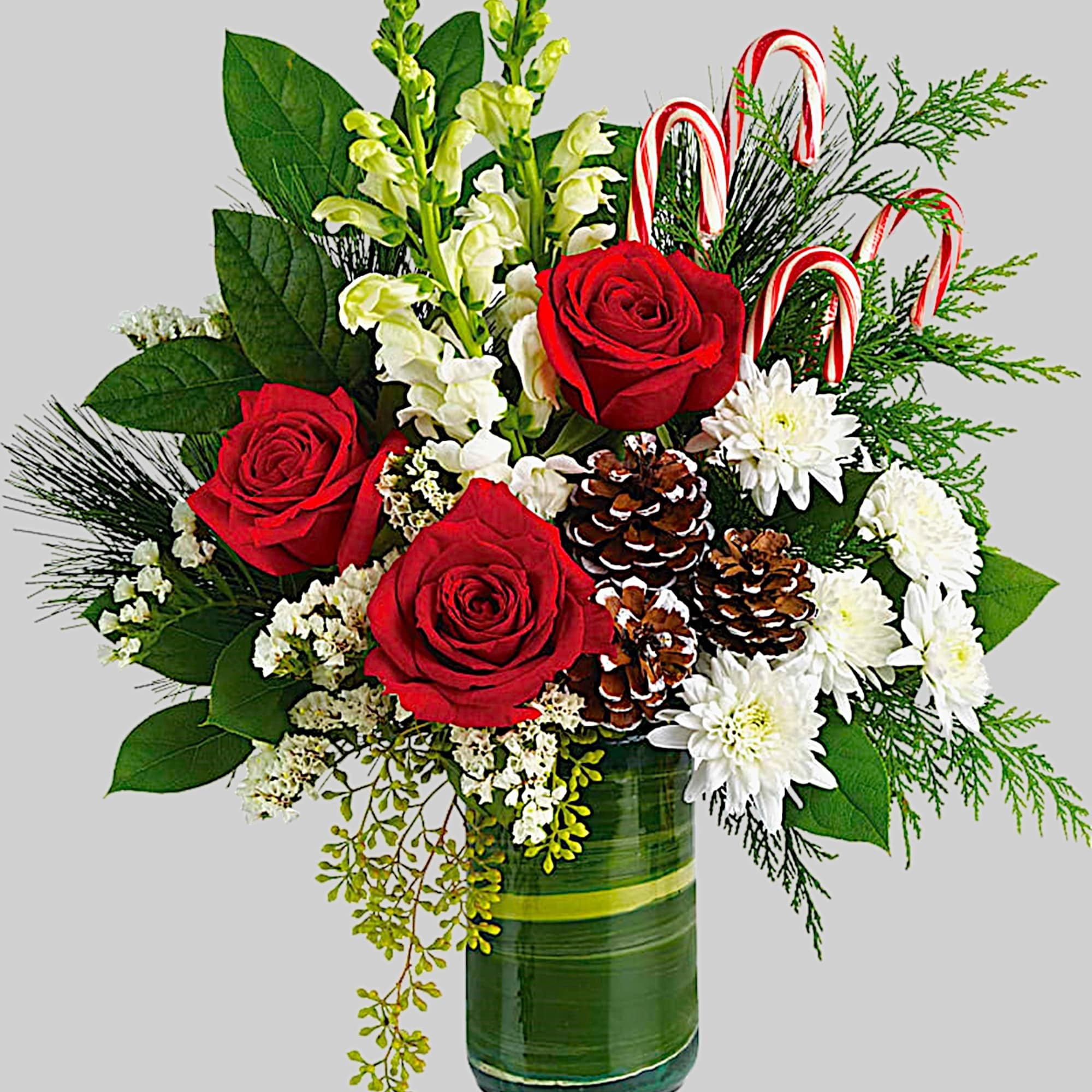 An instant Christmas party, this festive arrangement bursts with fresh blooms of
