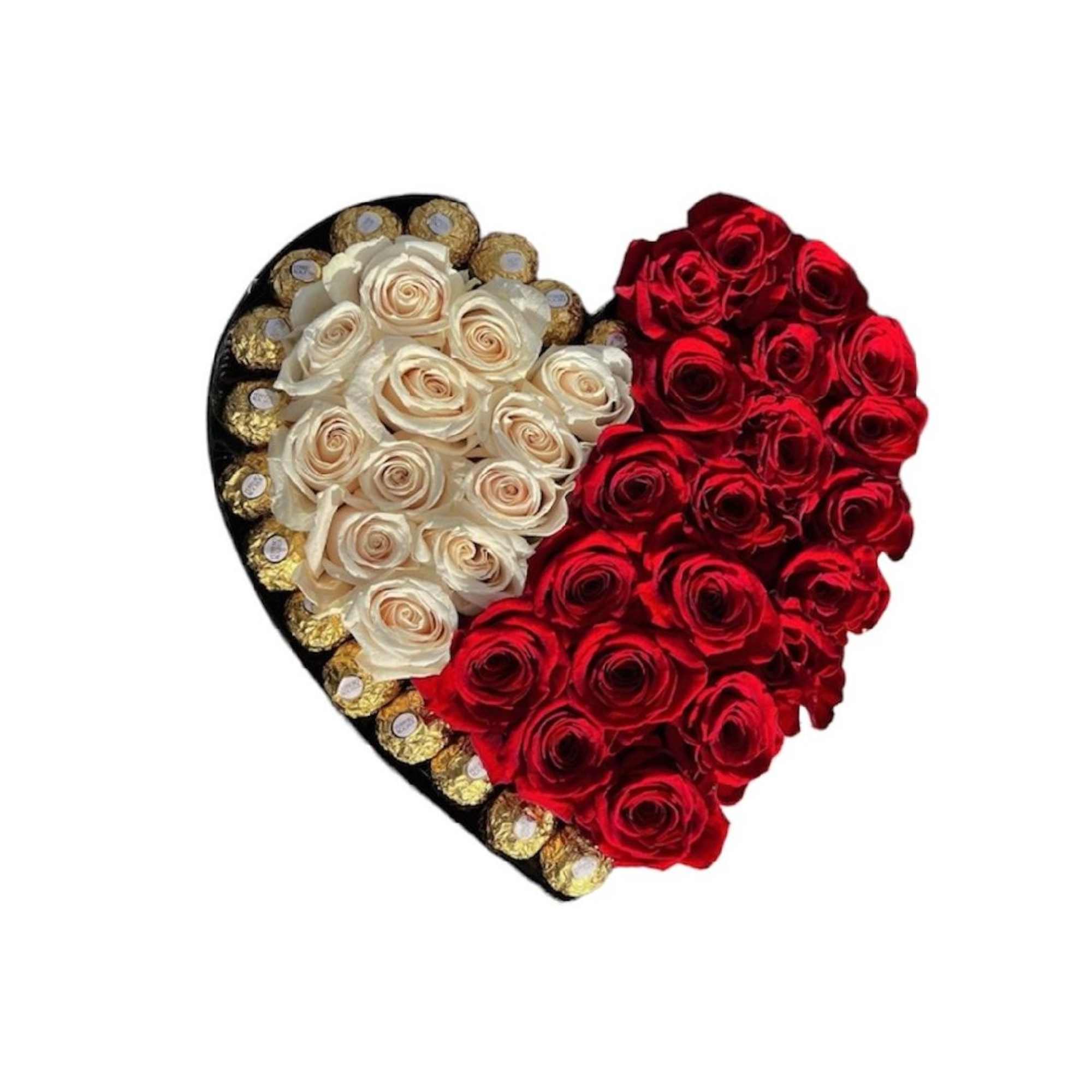 A modern flower arrangement in a heart box filled with roses and