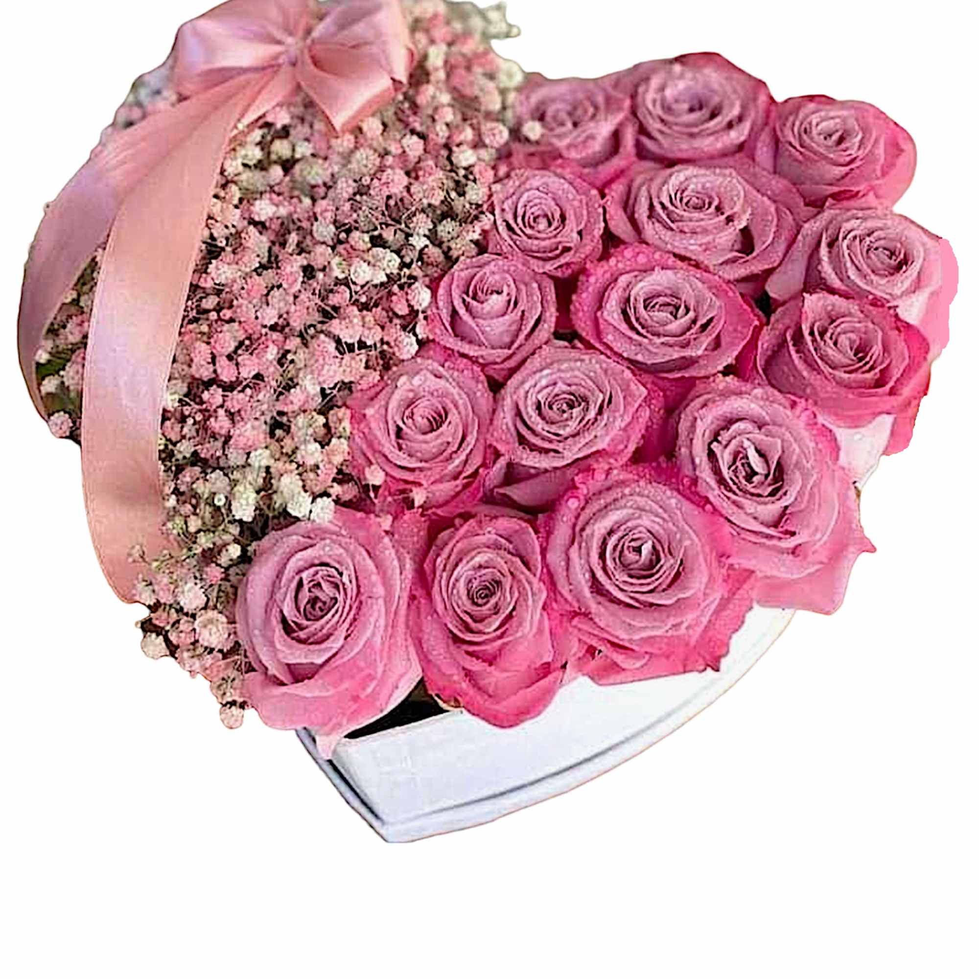 A modern flower arrangement in a heart box filled with roses and