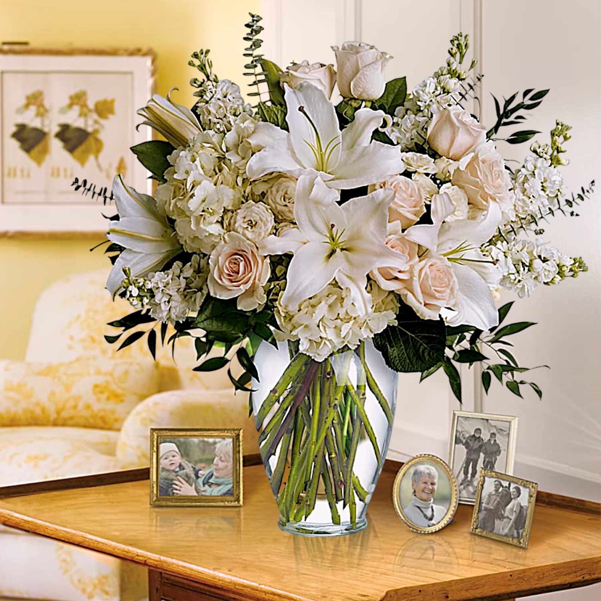 A dreamy bouquet of white sympathy flowers is a comforting reminder of