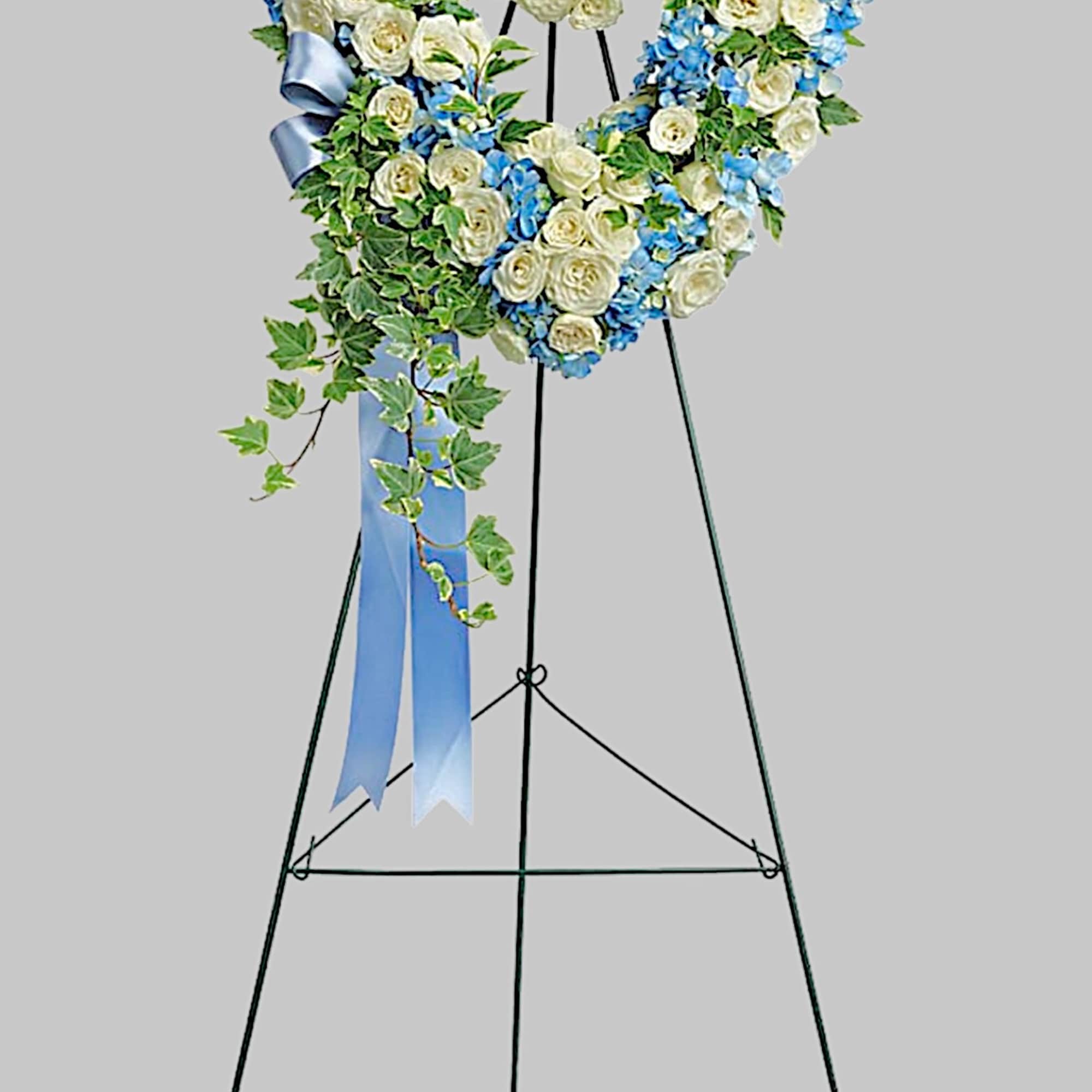 Adorned with trailing ivy, this petite, 16&quot; sweetheart-shaped wreath of sky-blue hydrangea