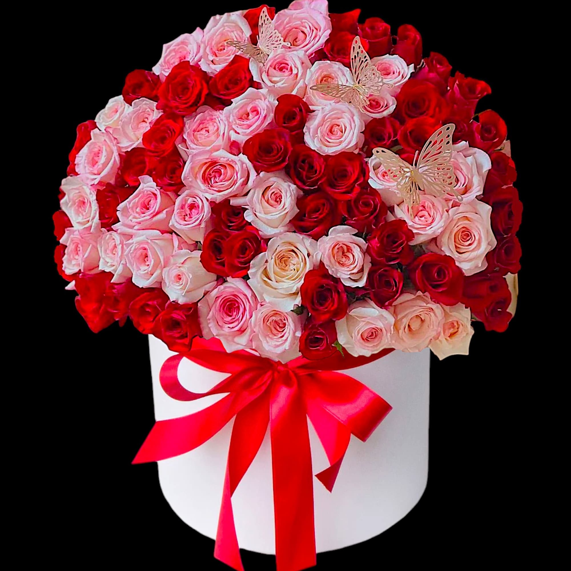 A modern flower arrangement in a cylinder box filled with roses.

DETAILS
This cylinder