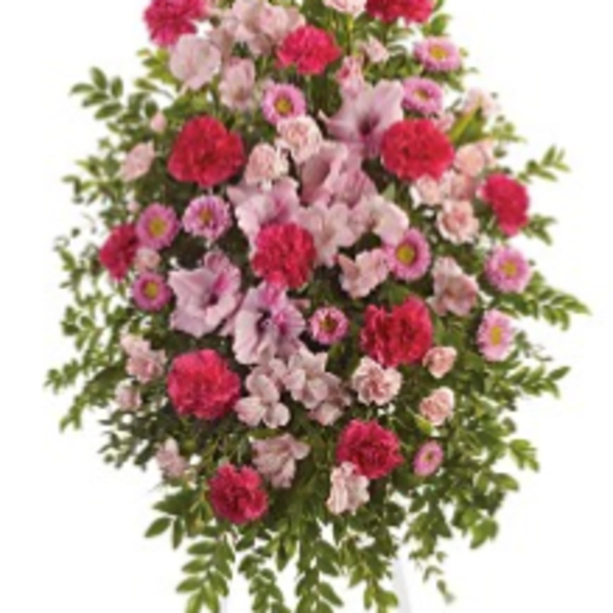 With a bounty of lovely pink flowers and simple greens, this pretty With a bounty of lovely pink flowers and simple greens, this pretty