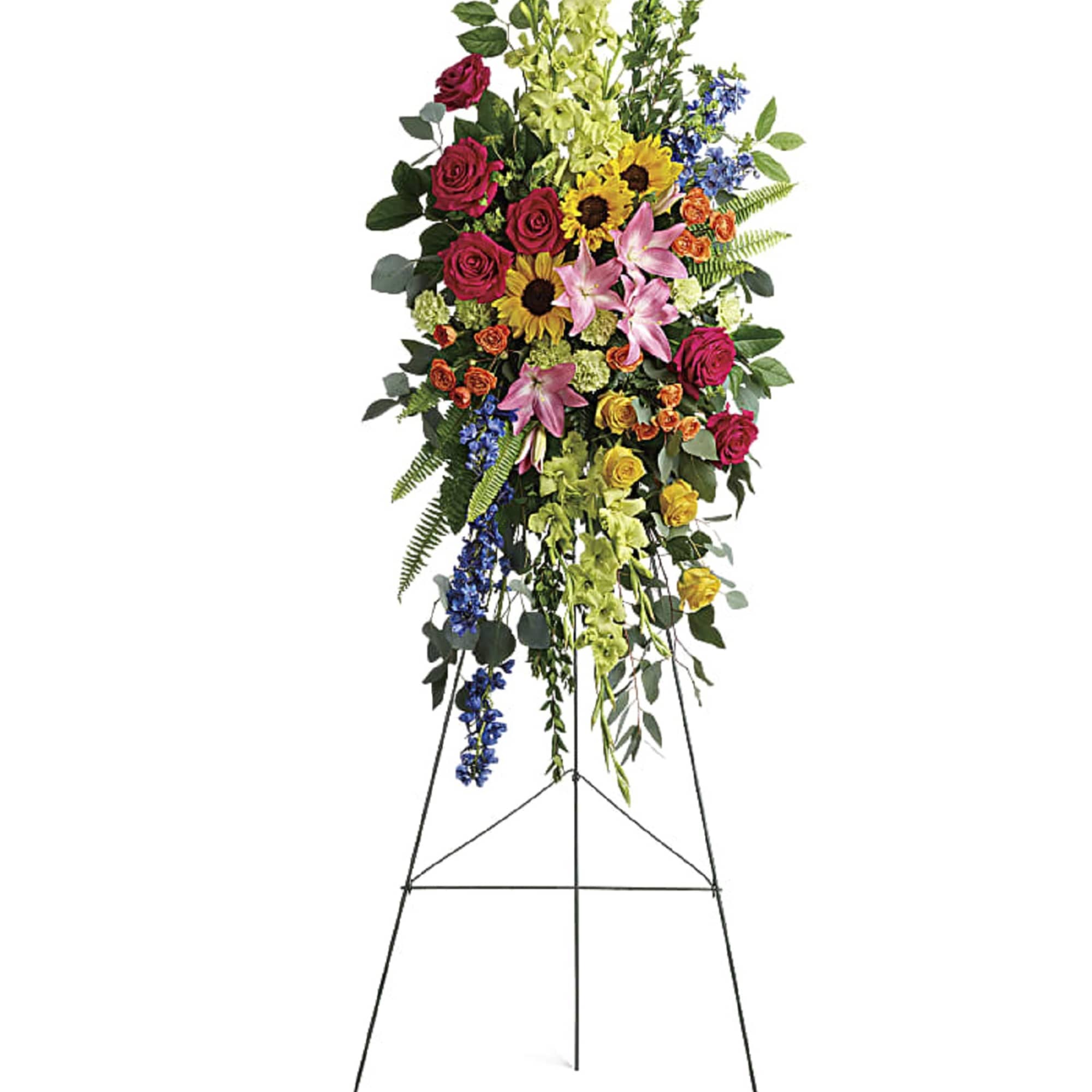 A bold, bright tribute, this rainbow of blooms fills the room with