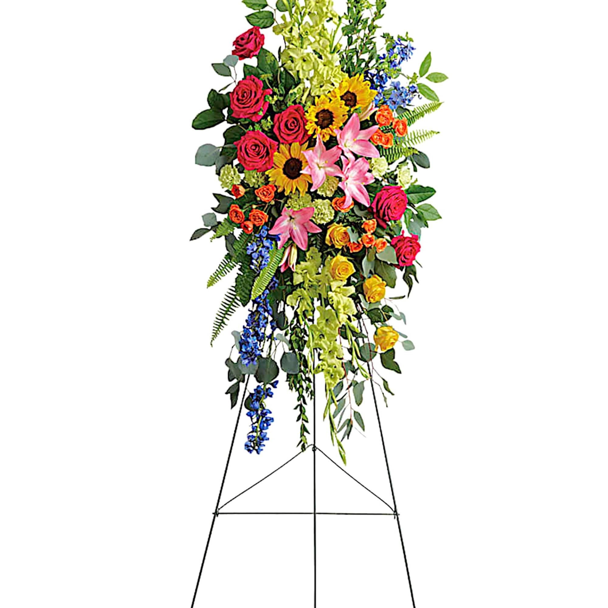 A bold, bright tribute, this rainbow of blooms fills the room with