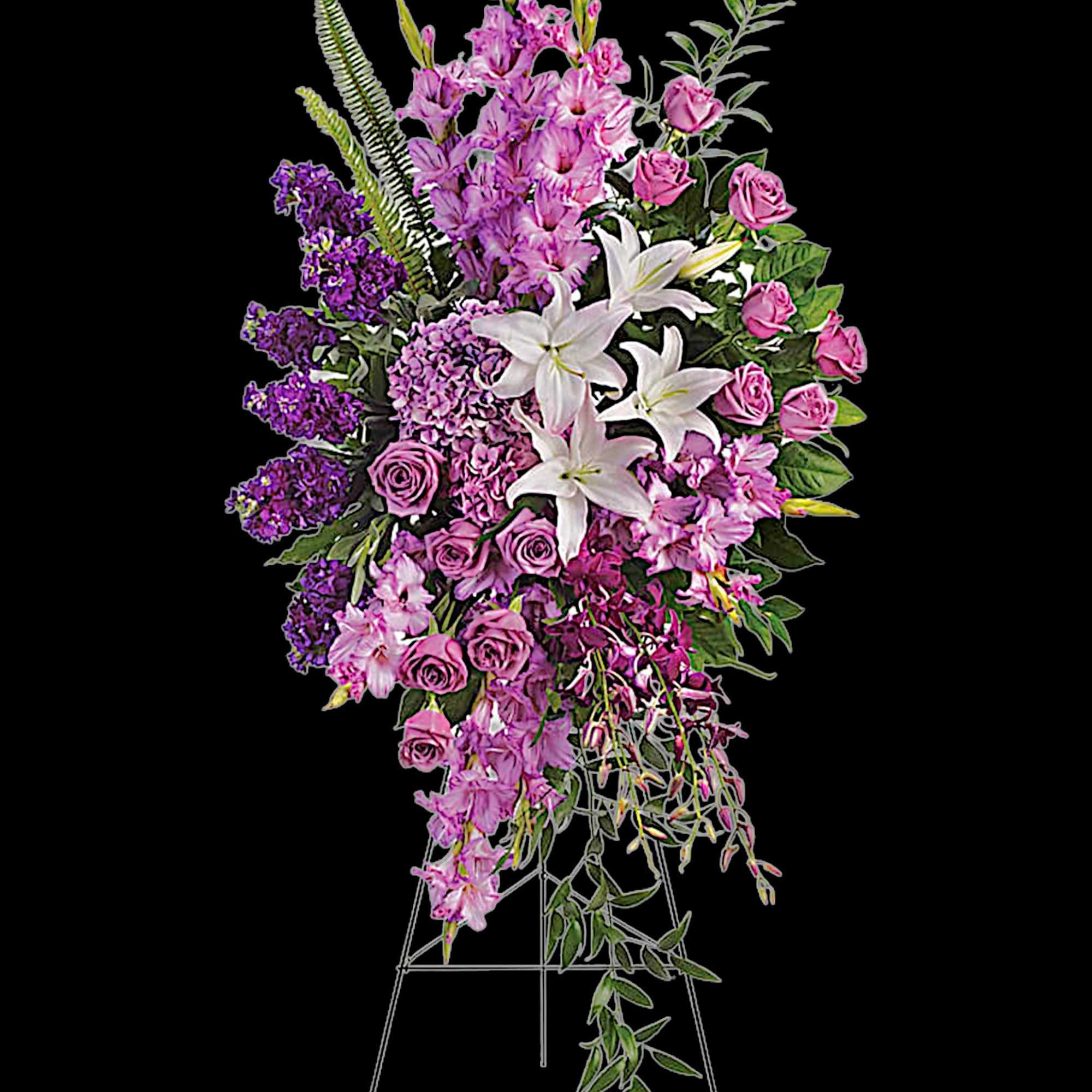 Blessed, peaceful rest is expressed in this cascading purple spray accented with