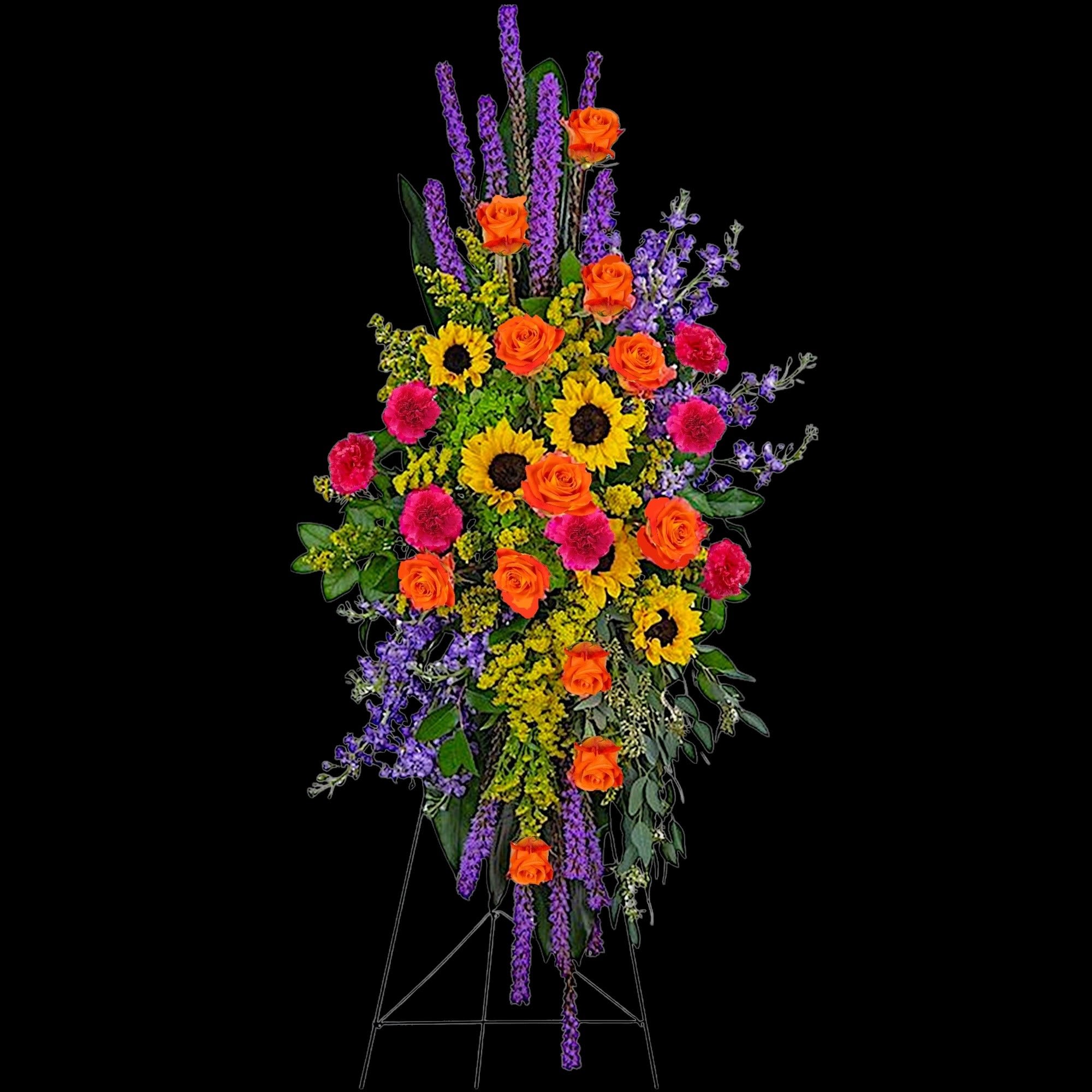A bold, bright tribute, this rainbow of blooms fills the room with