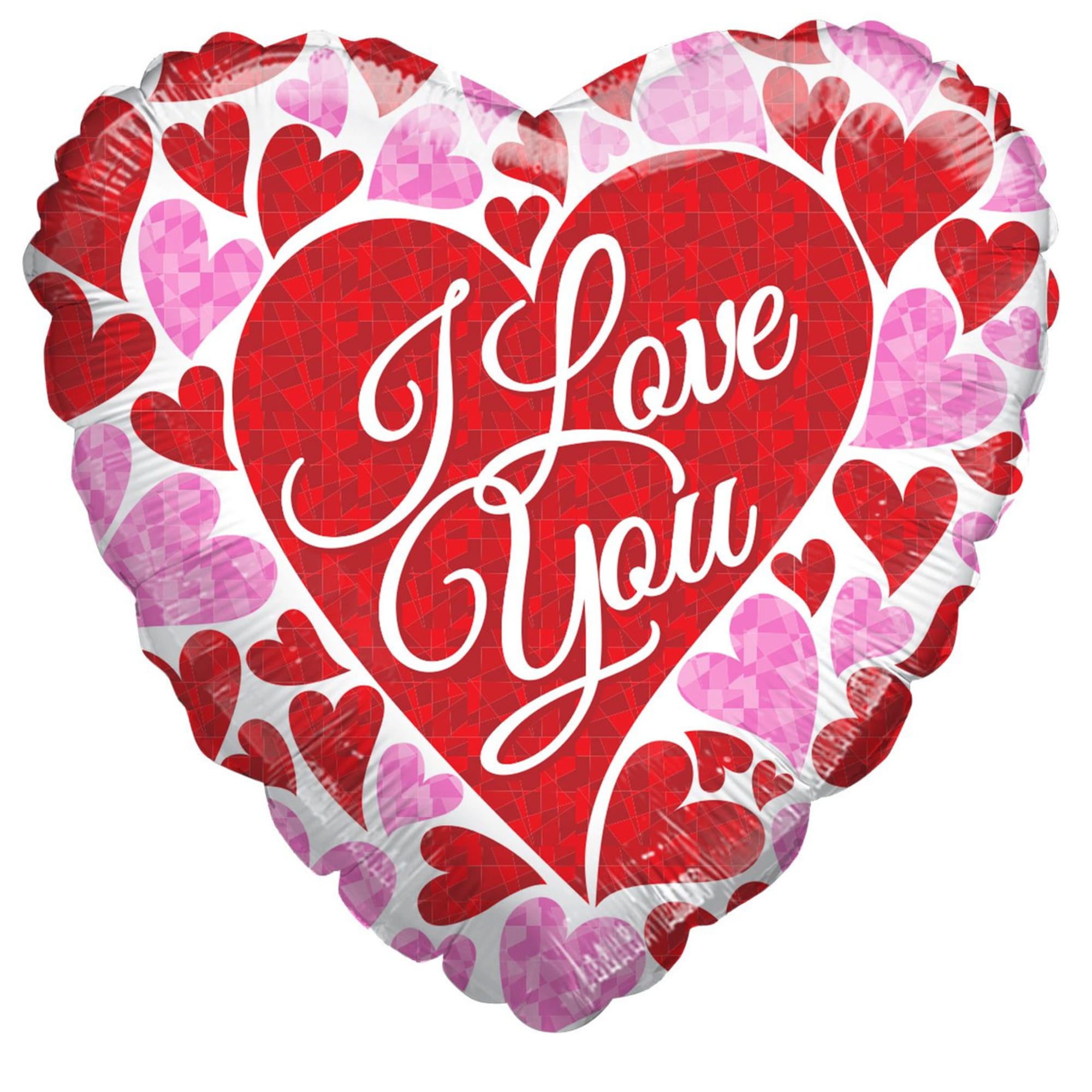18" I Love You mylar balloon. Filled with helium. Stays afloat up