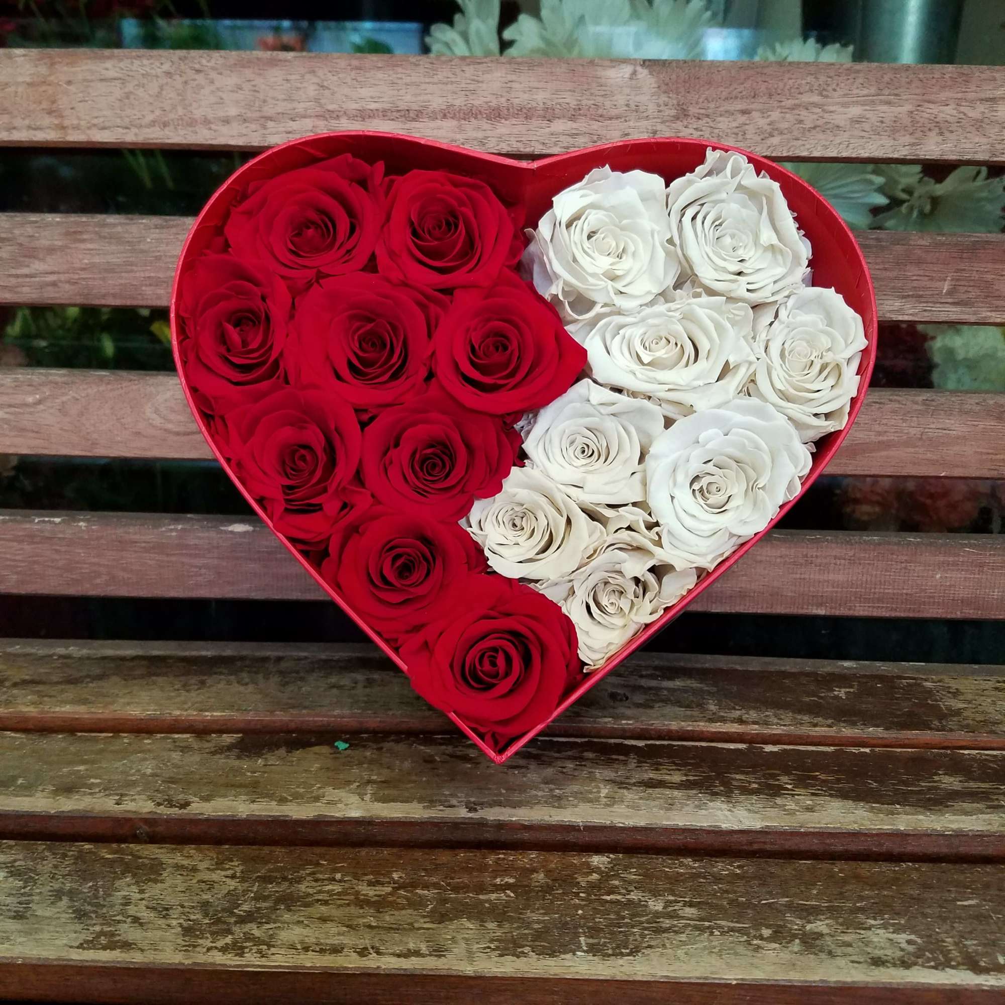 A Heart Shaped box complete with velvety roses immaculately arranged. Packaged in