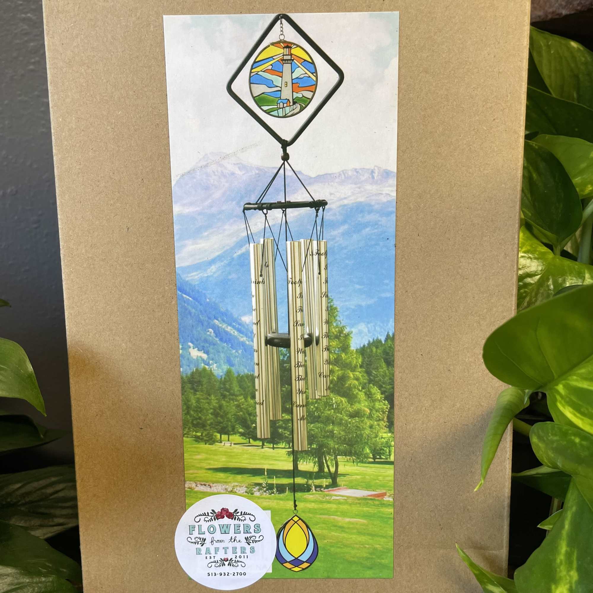 Double stained glass wind chimes with words of sympathy on the metal Double stained glass wind chimes with words of sympathy on the metal