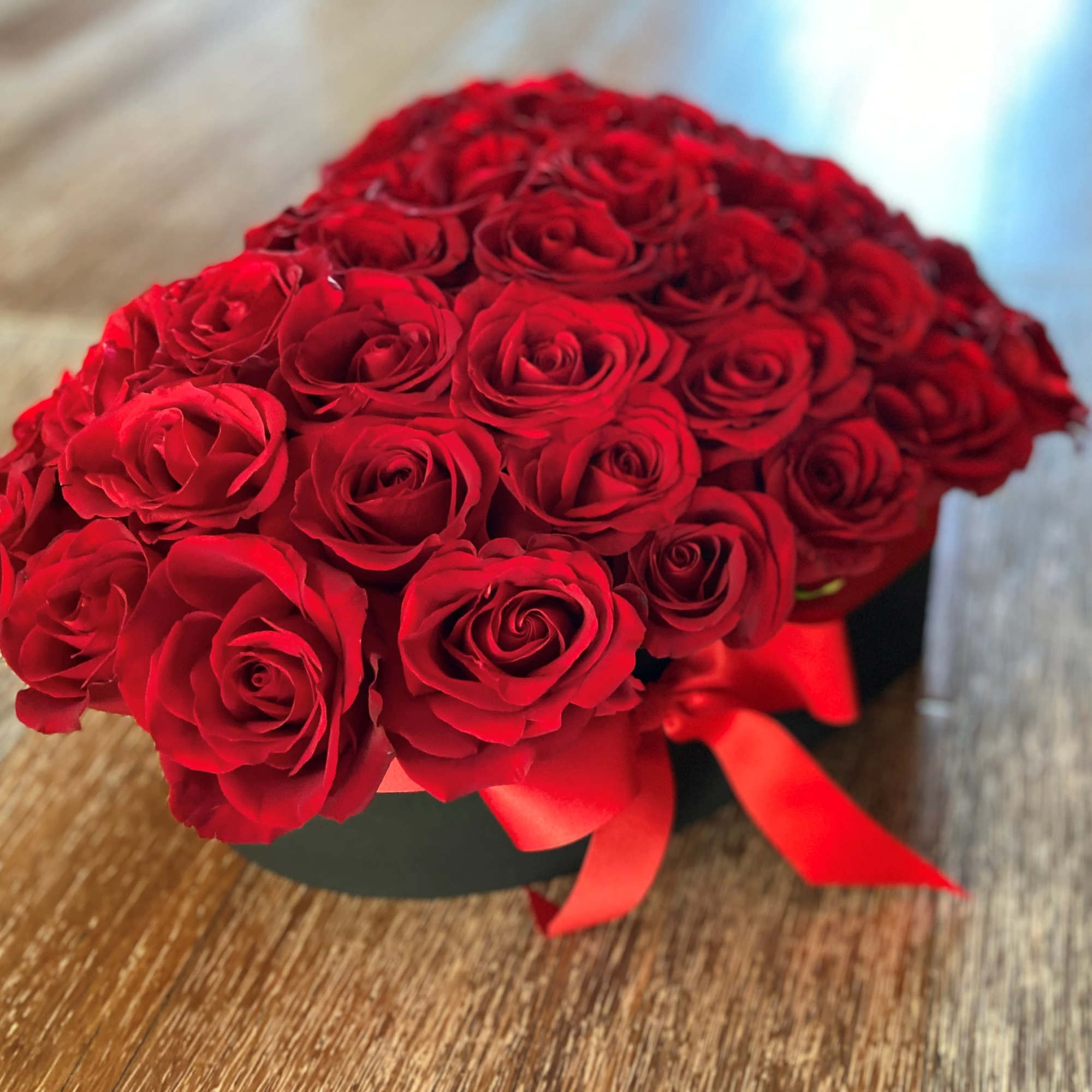 Black Heart Box with 50 Red Roses