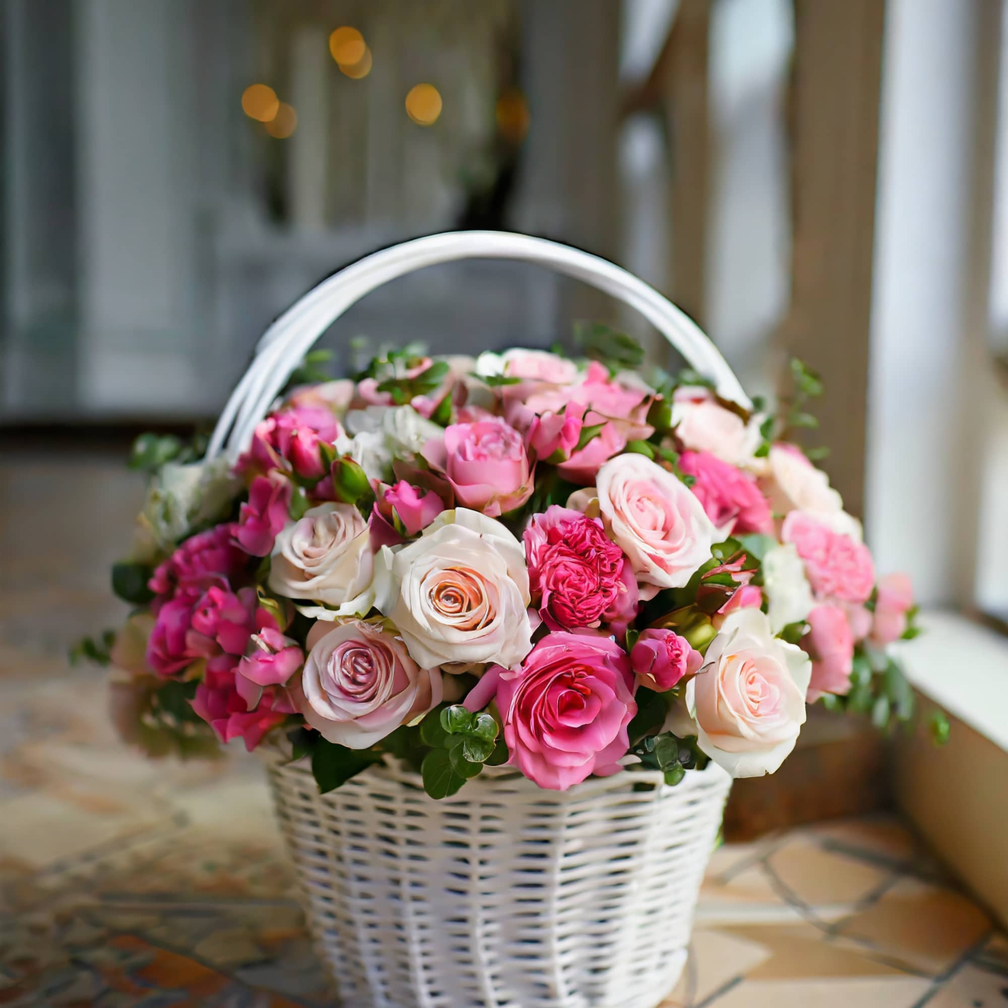 The combination of hot pink and light pink roses in a basket