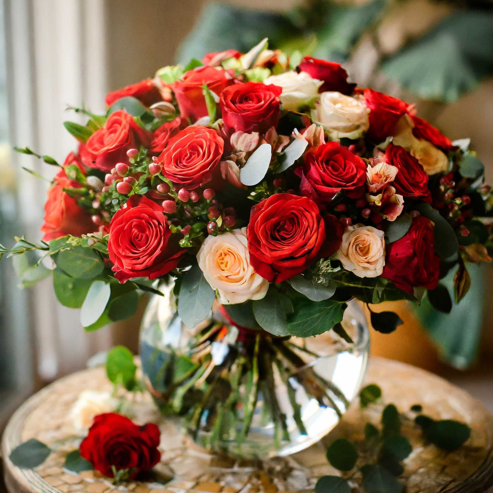 A charming and beautiful bouquet featuring red roses and cream spray roses