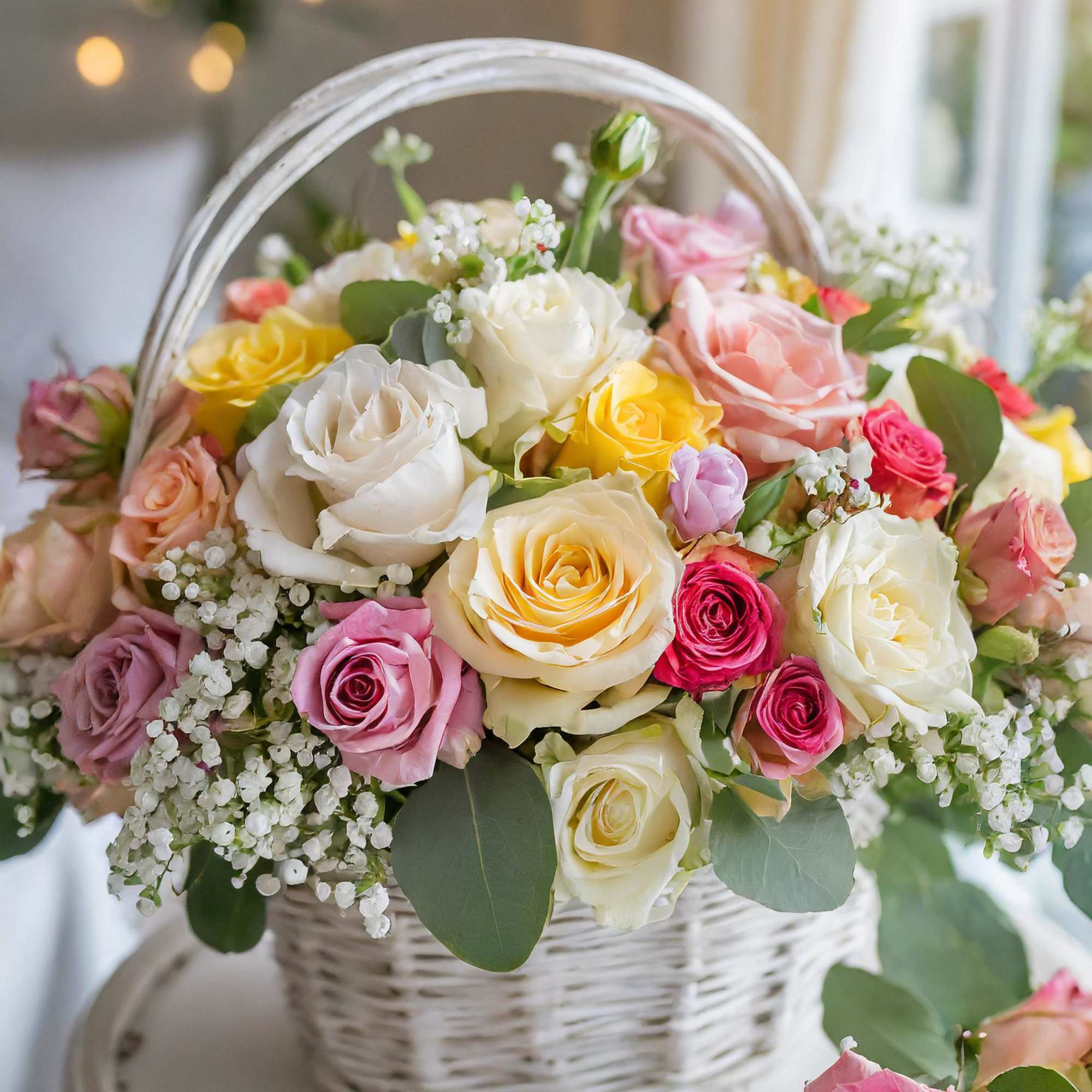 The soft colors of spring, gathered in a basket of flowers, bring