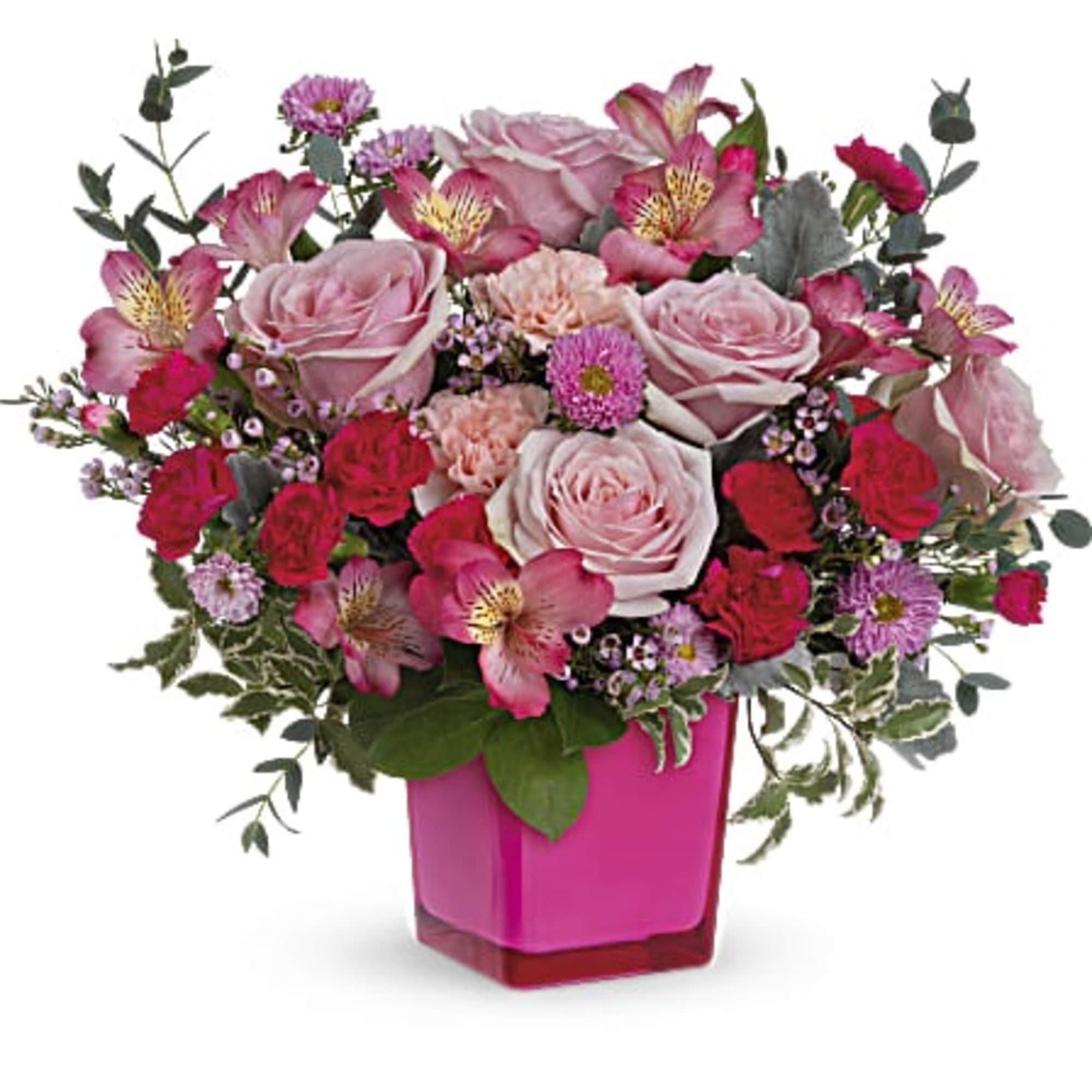 Make the moment magical with this joyful pink rose bouquet in a