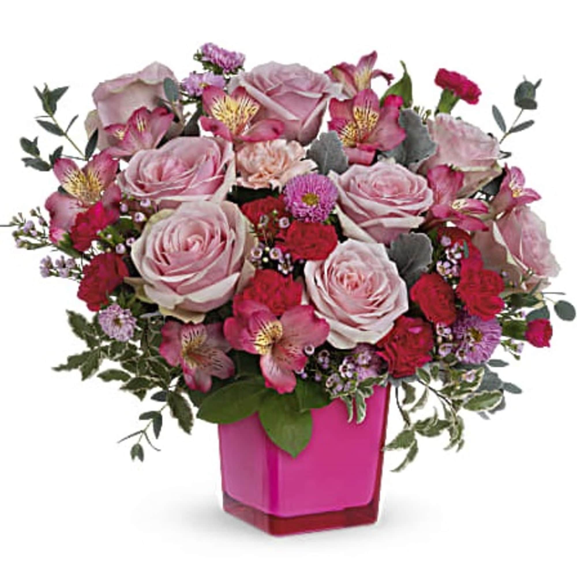 Make the moment magical with this joyful pink rose bouquet in a