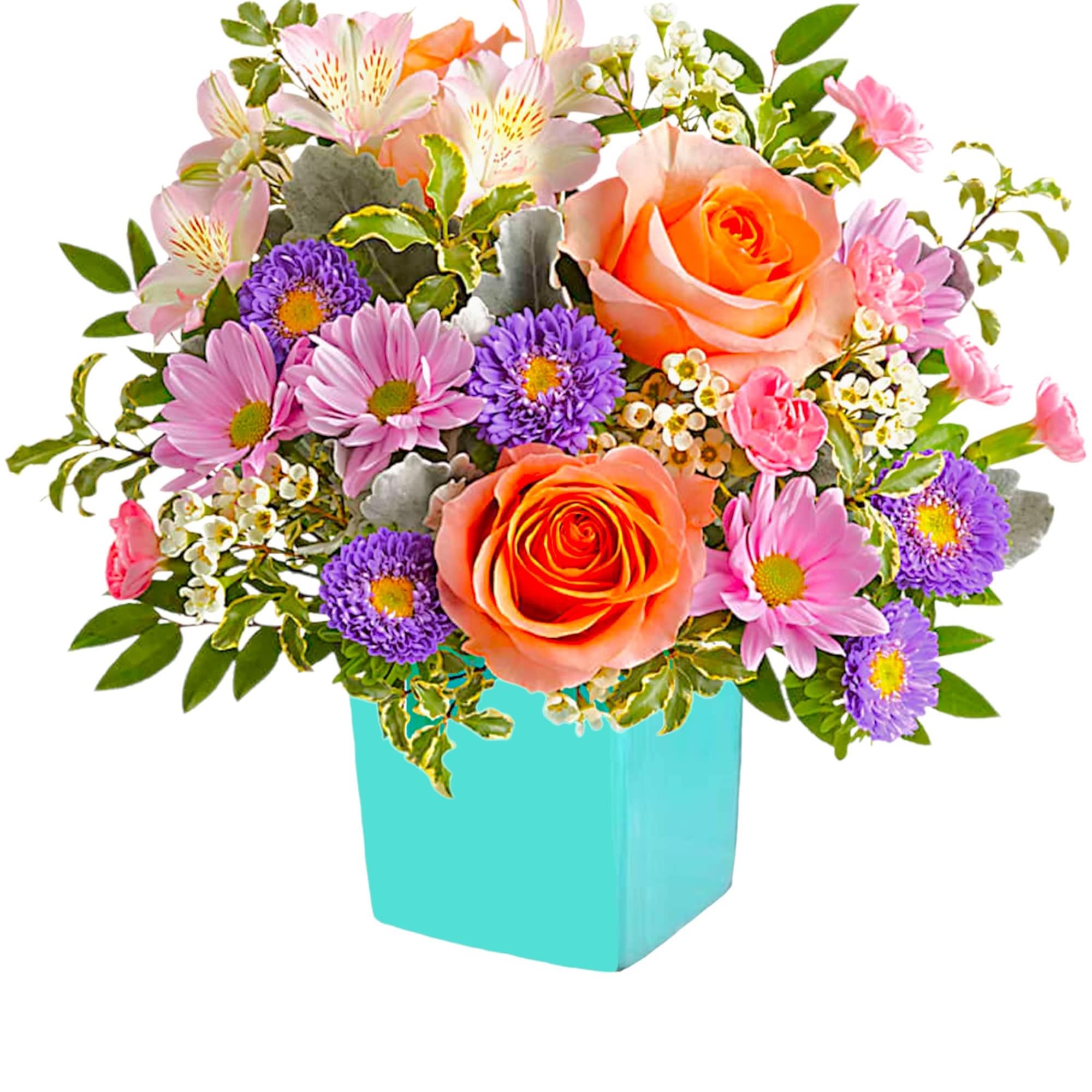 This floral arrangement features the sweetest shades of spring in one whimsical