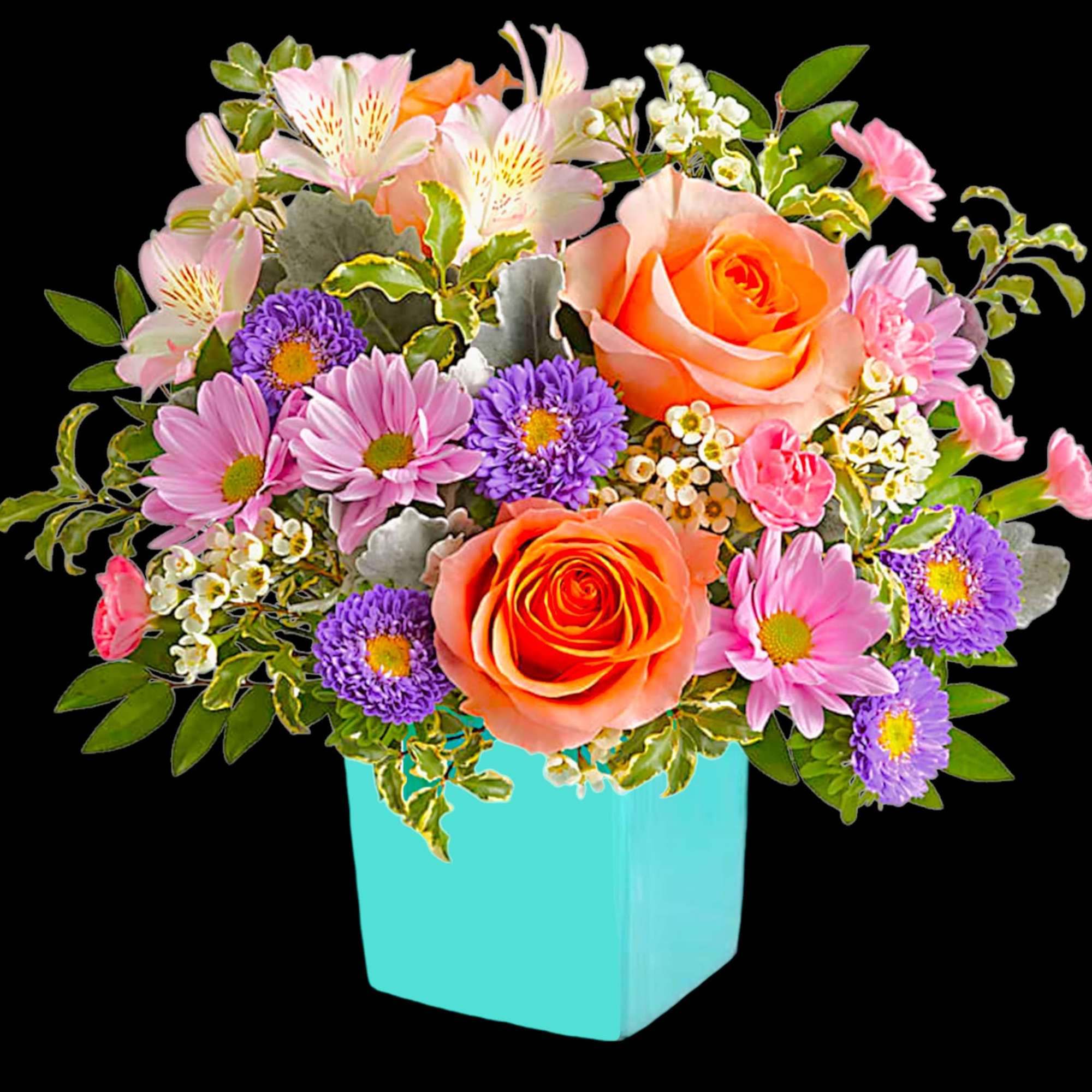This floral arrangement features the sweetest shades of spring in one whimsical