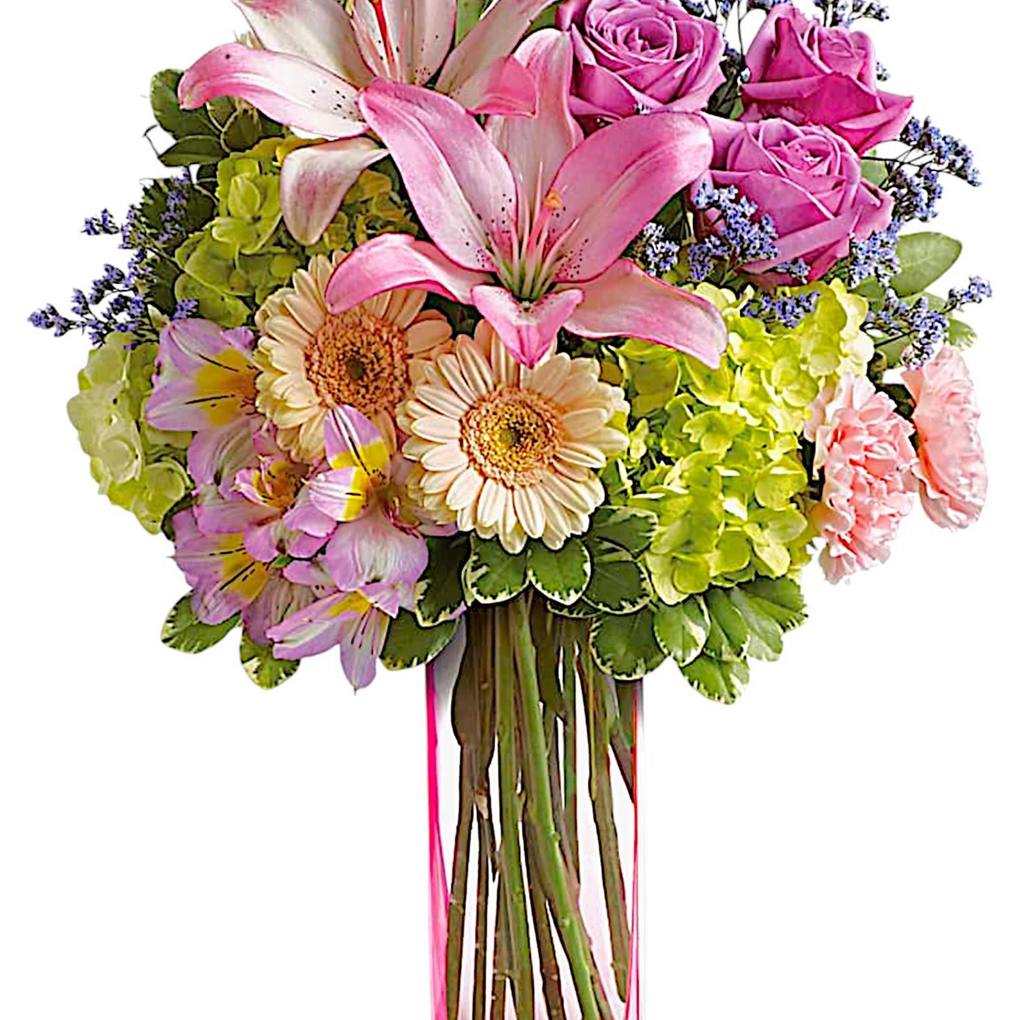 A lovely surprise no matter the occasion, this gorgeous blend of hydrangea