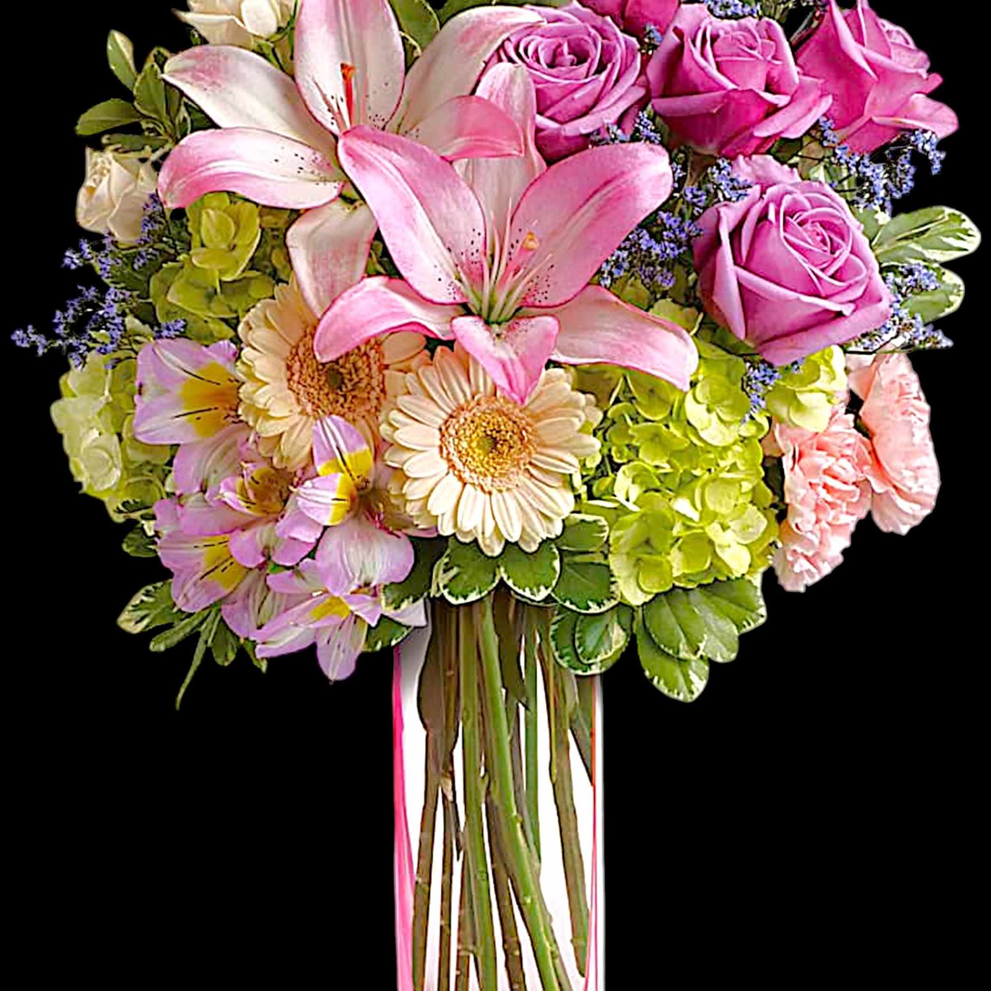 A lovely surprise no matter the occasion, this gorgeous blend of hydrangea