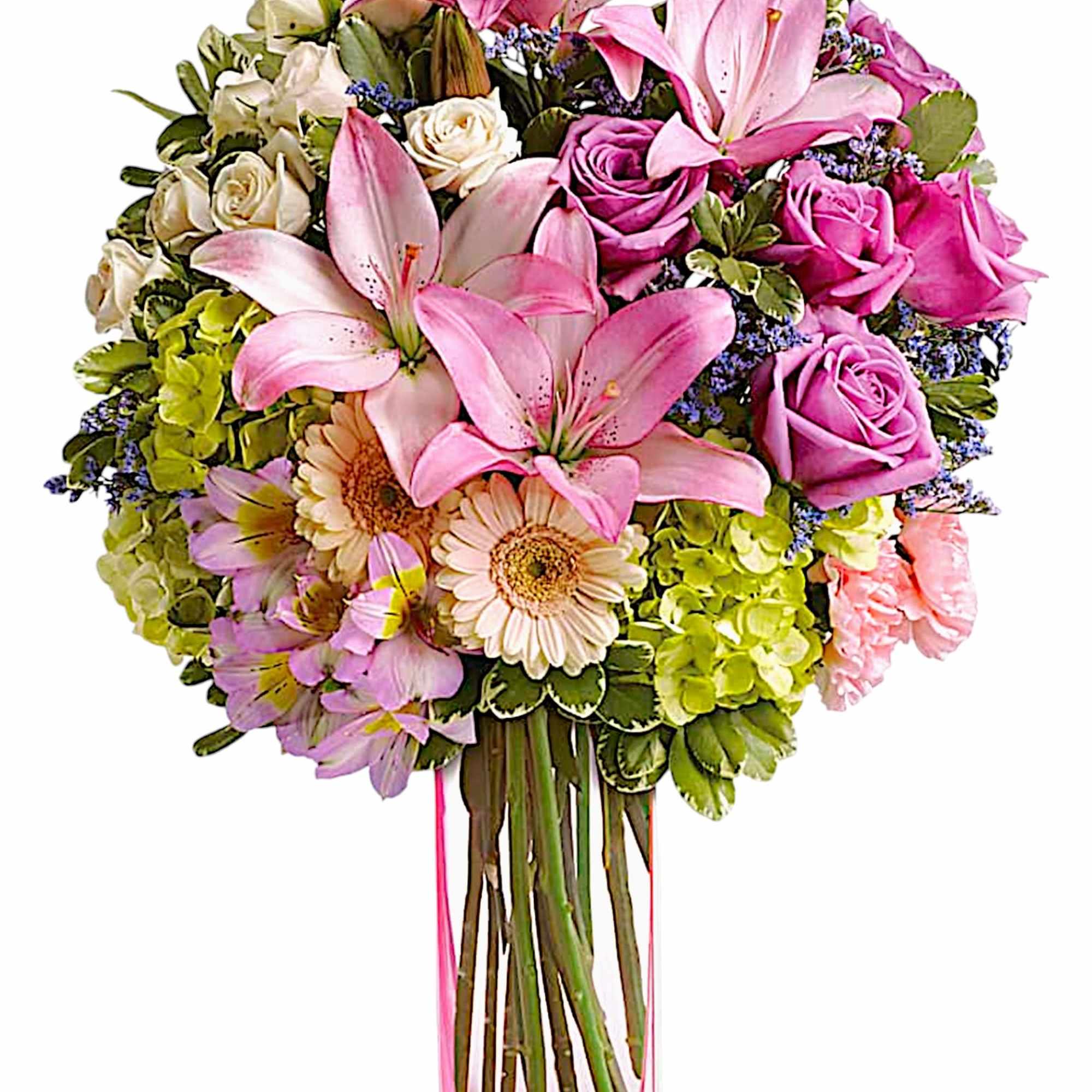 A lovely surprise no matter the occasion, this gorgeous blend of hydrangea