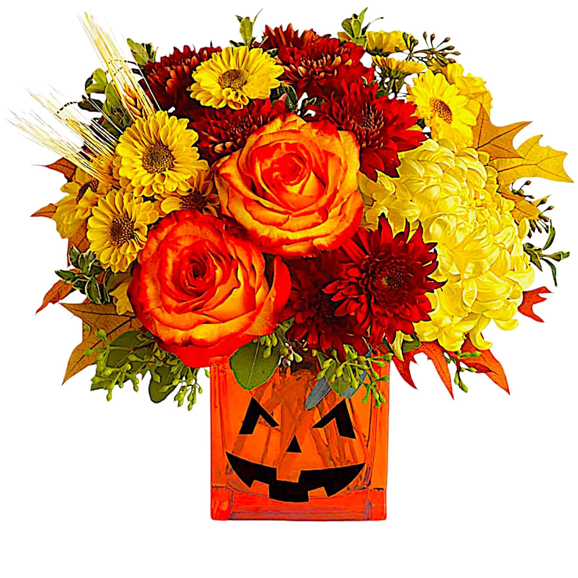 Happy Yellow-een! Yellow chrysanthemums are accented with bright orange roses -all finished