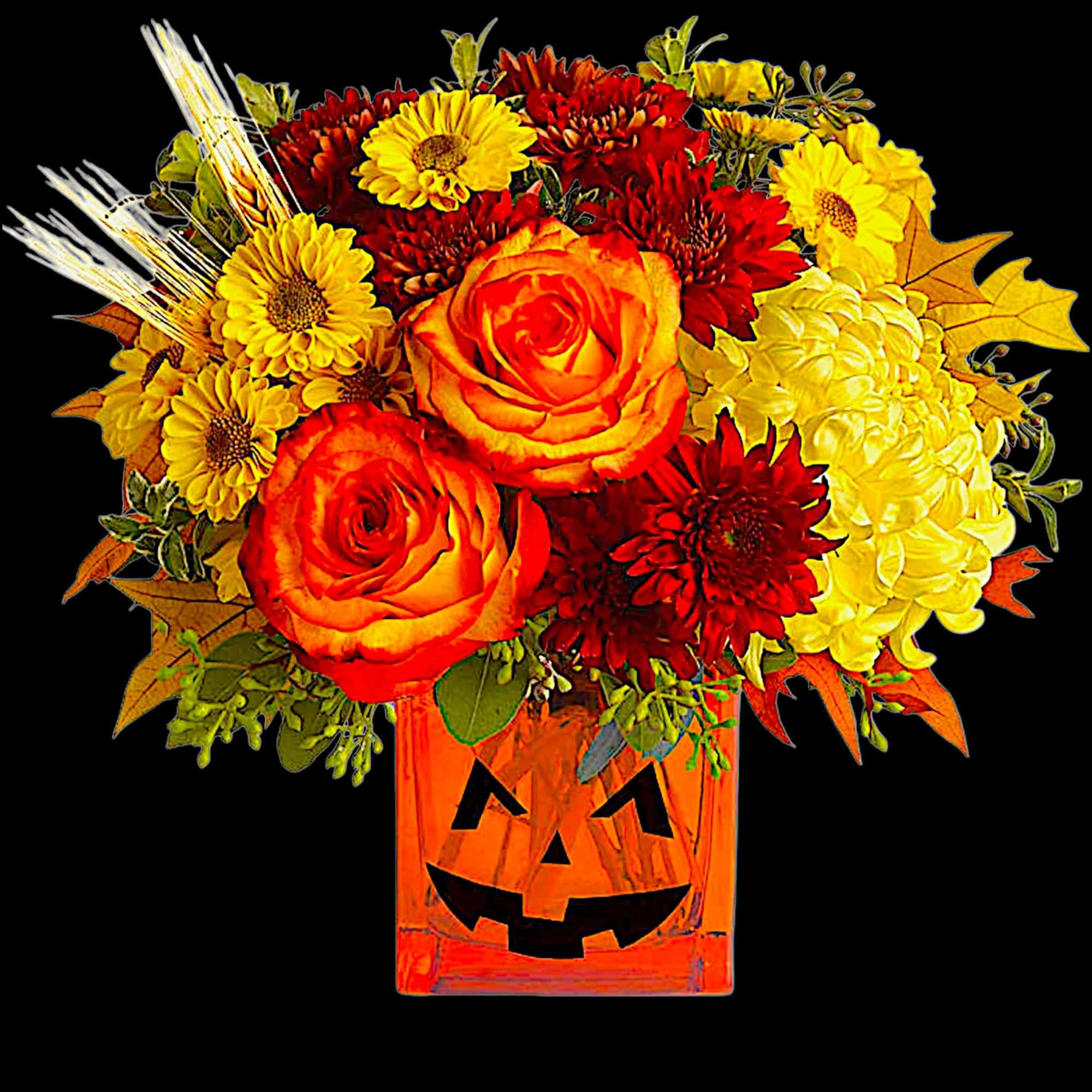 Happy Yellow-een! Yellow chrysanthemums are accented with bright orange roses -all finished