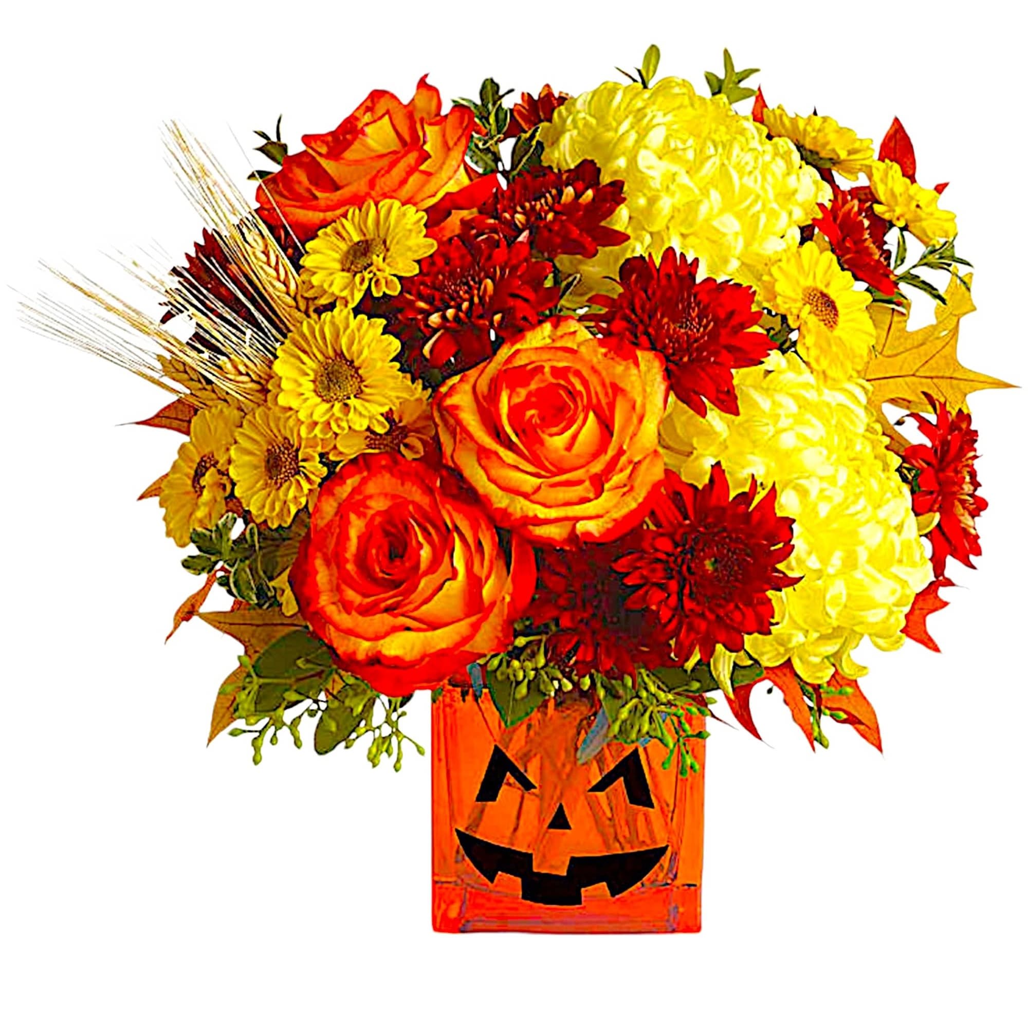 Happy Yellow-een! Yellow chrysanthemums are accented with bright orange roses -all finished
