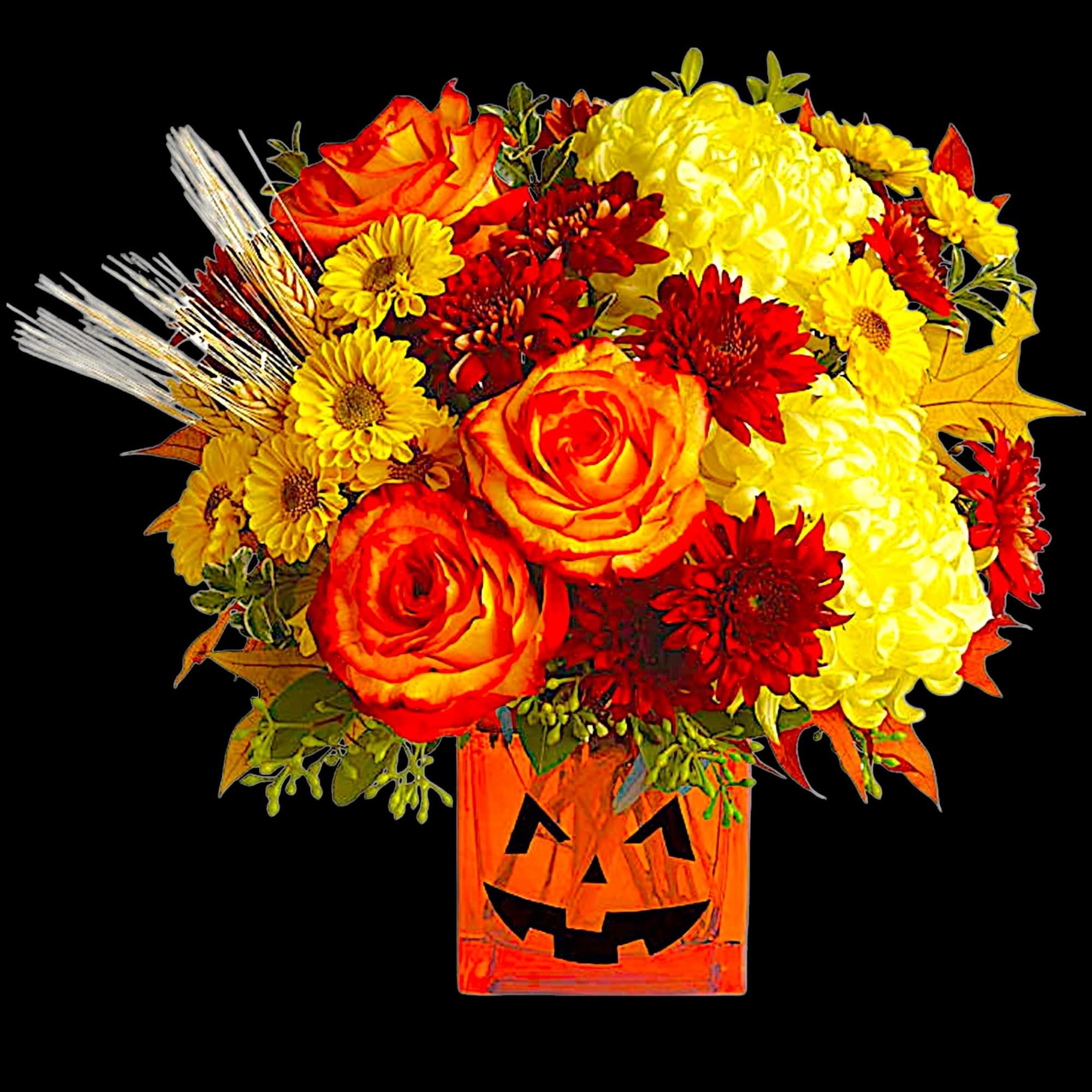 Happy Yellow-een! Yellow chrysanthemums are accented with bright orange roses -all finished