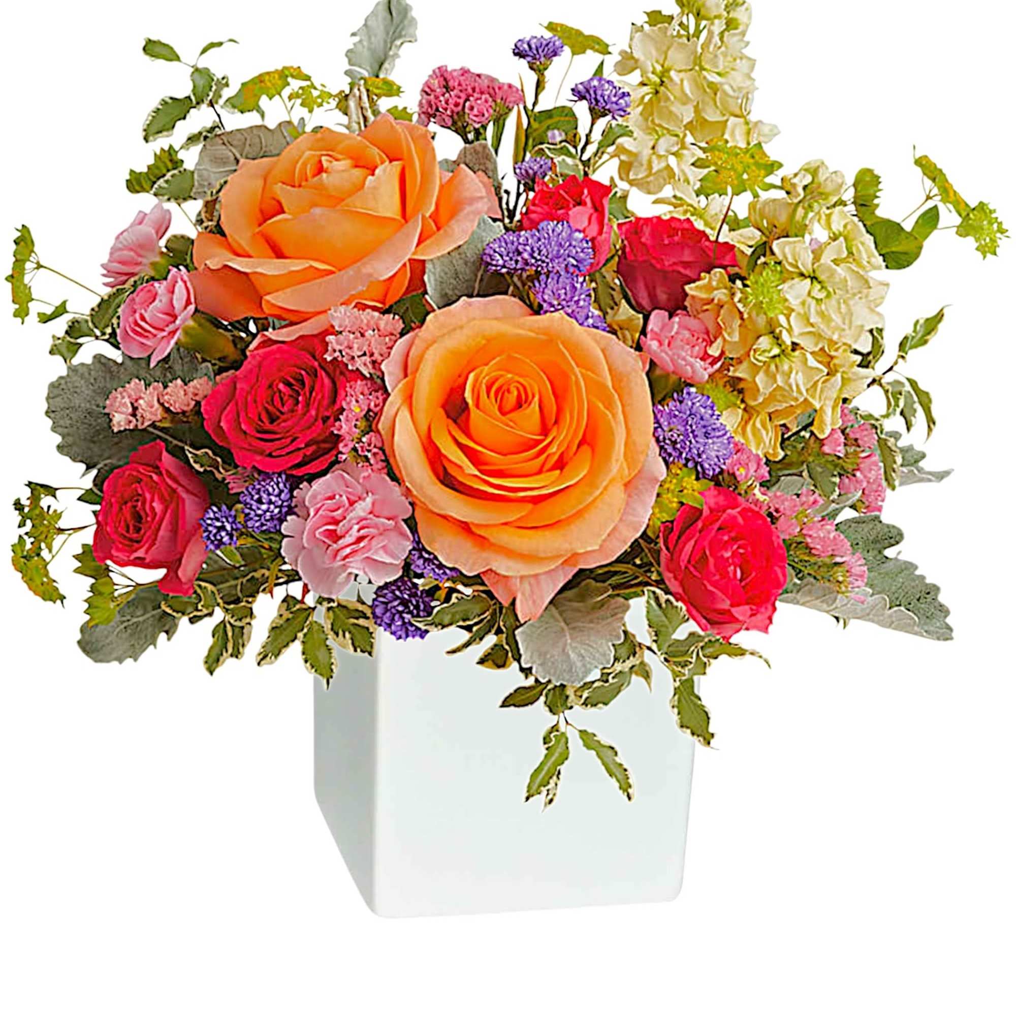 Pour on the sunshine! Filled with radiant roses, this cheerful bright arrangement