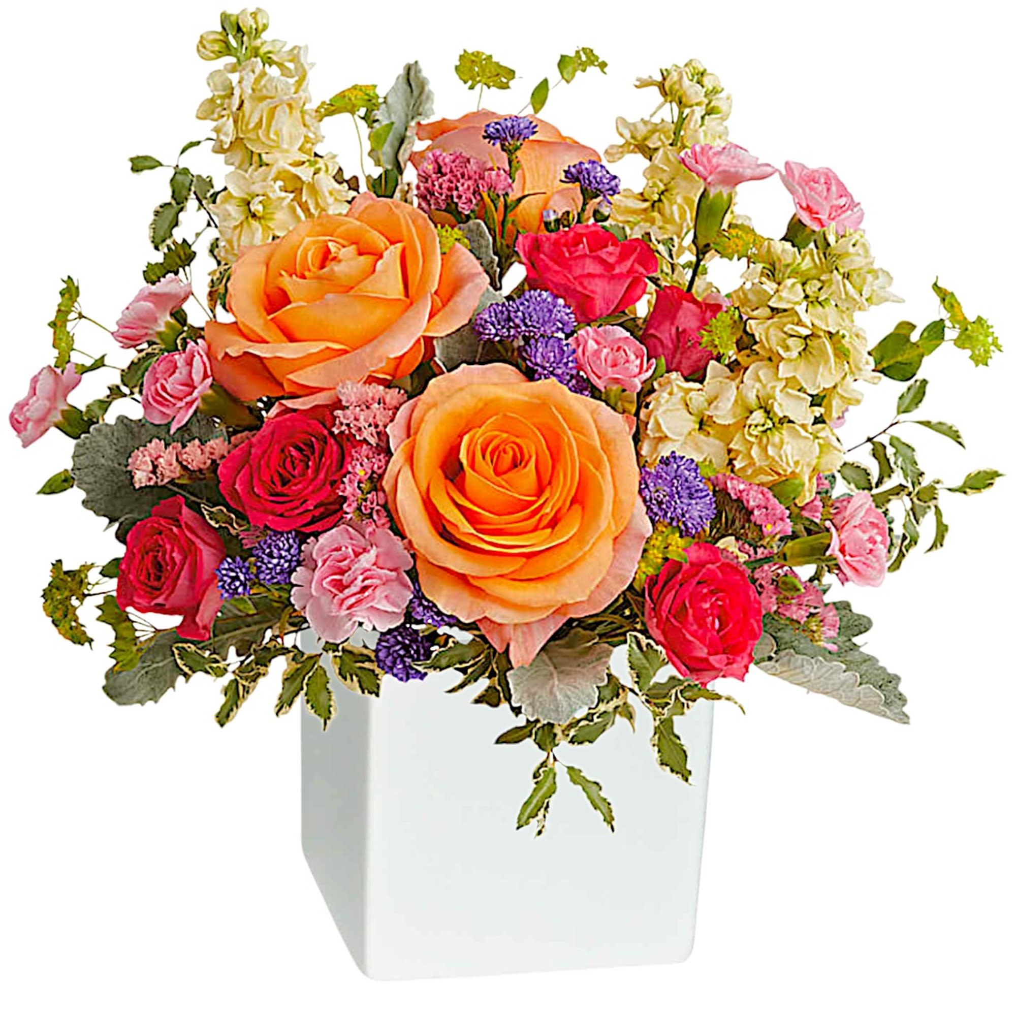Pour on the sunshine! Filled with radiant roses, this cheerful bright arrangement
