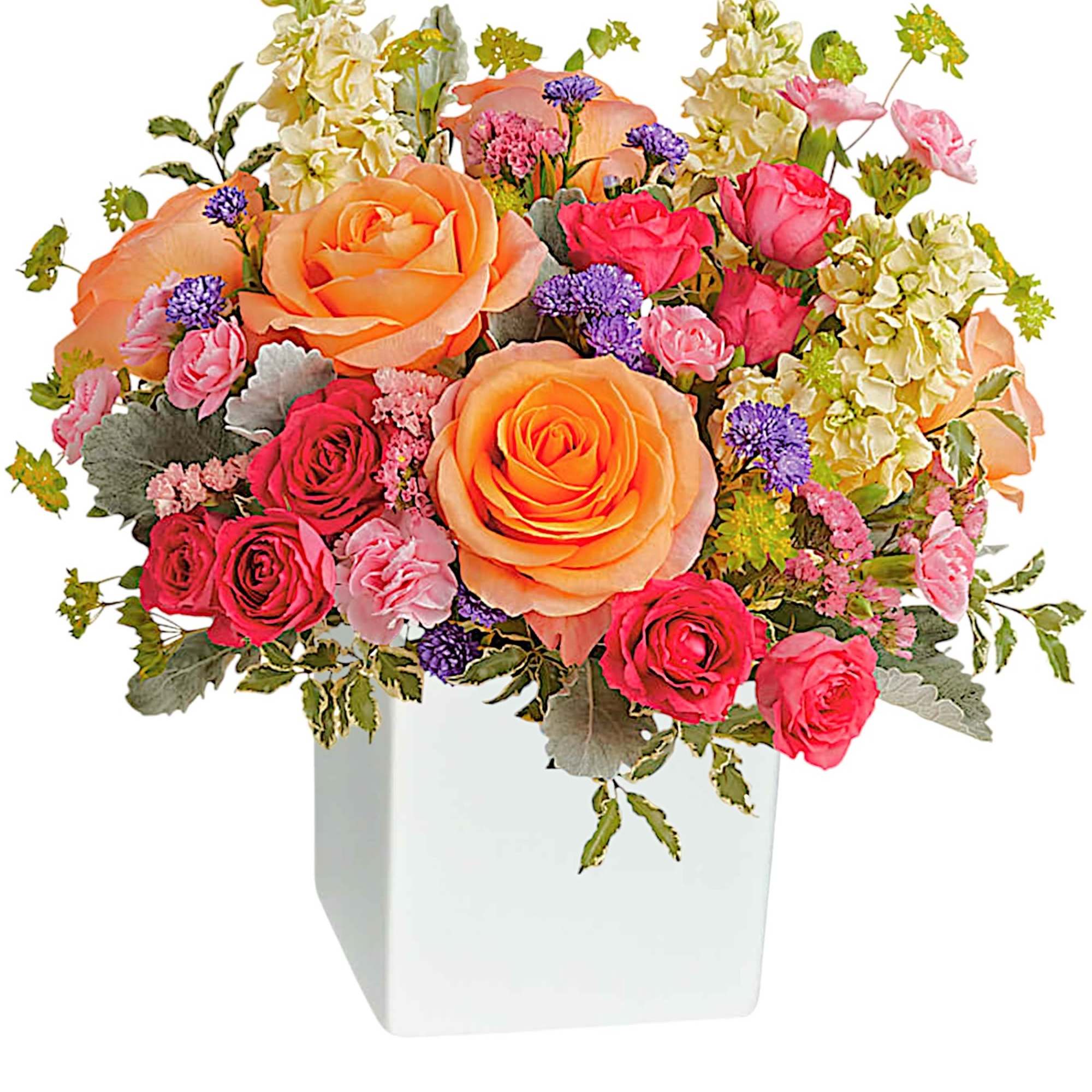 Pour on the sunshine! Filled with radiant roses, this cheerful bright arrangement