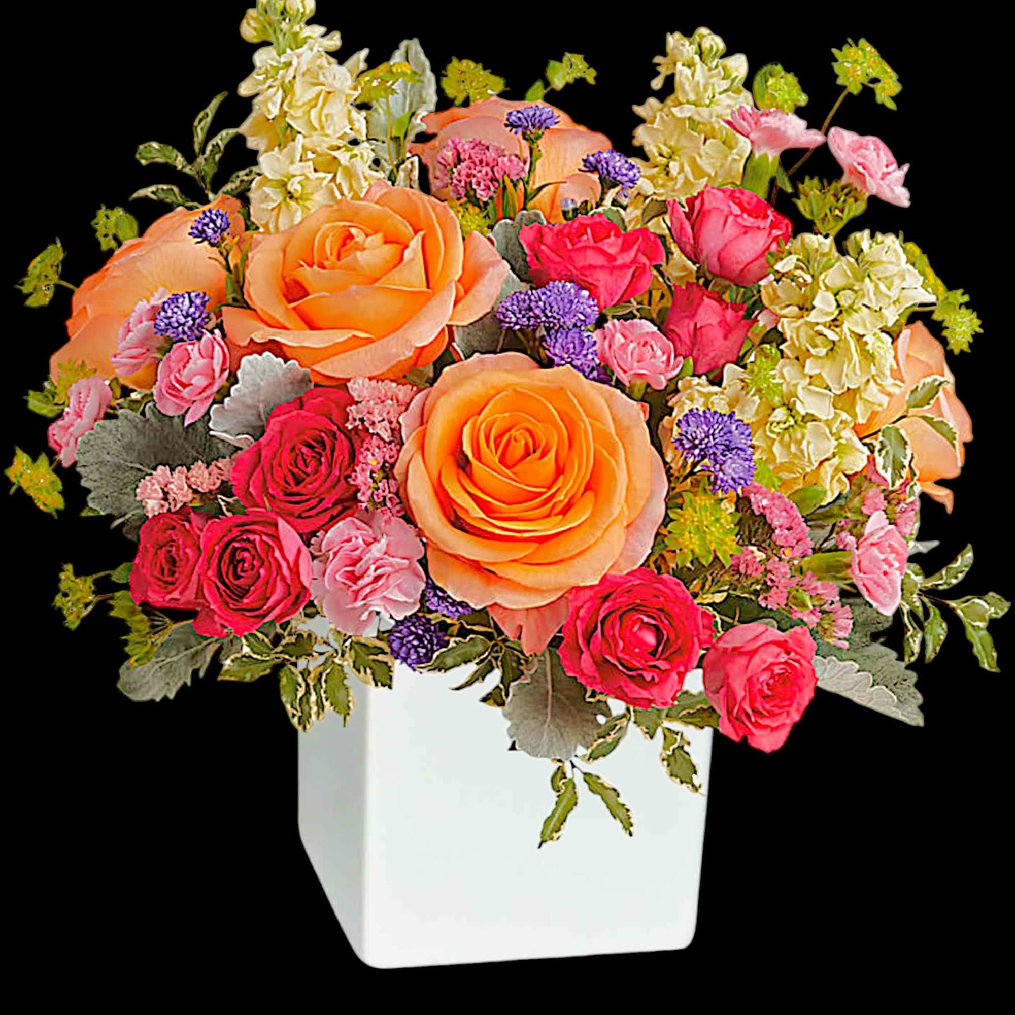 Pour on the sunshine! Filled with radiant roses, this cheerful bright arrangement