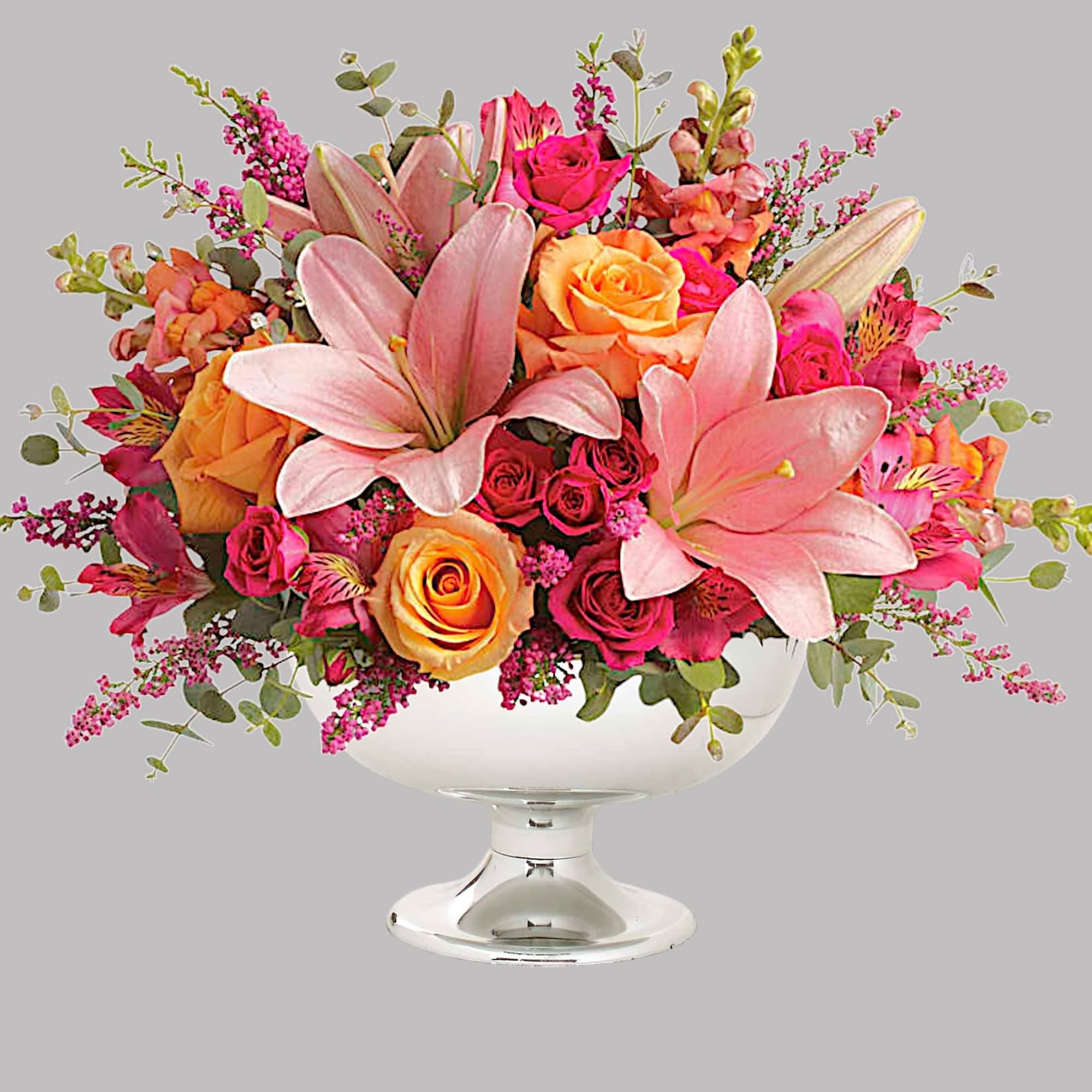 Just peachy! Pale pink &amp; orange blooms are gathered in a silver