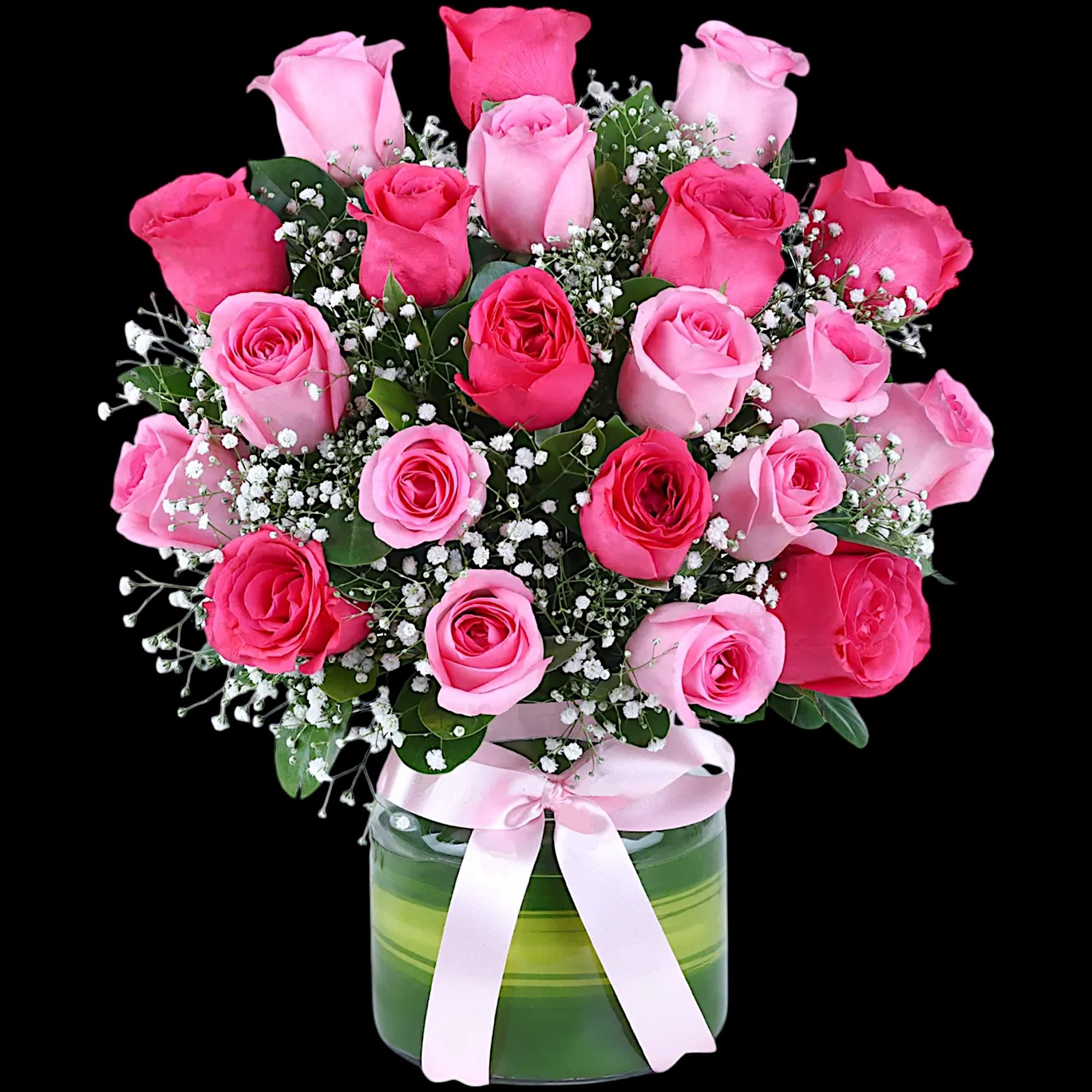 This trendy, high-fashion mix of hot pink roses, and pink roses, is