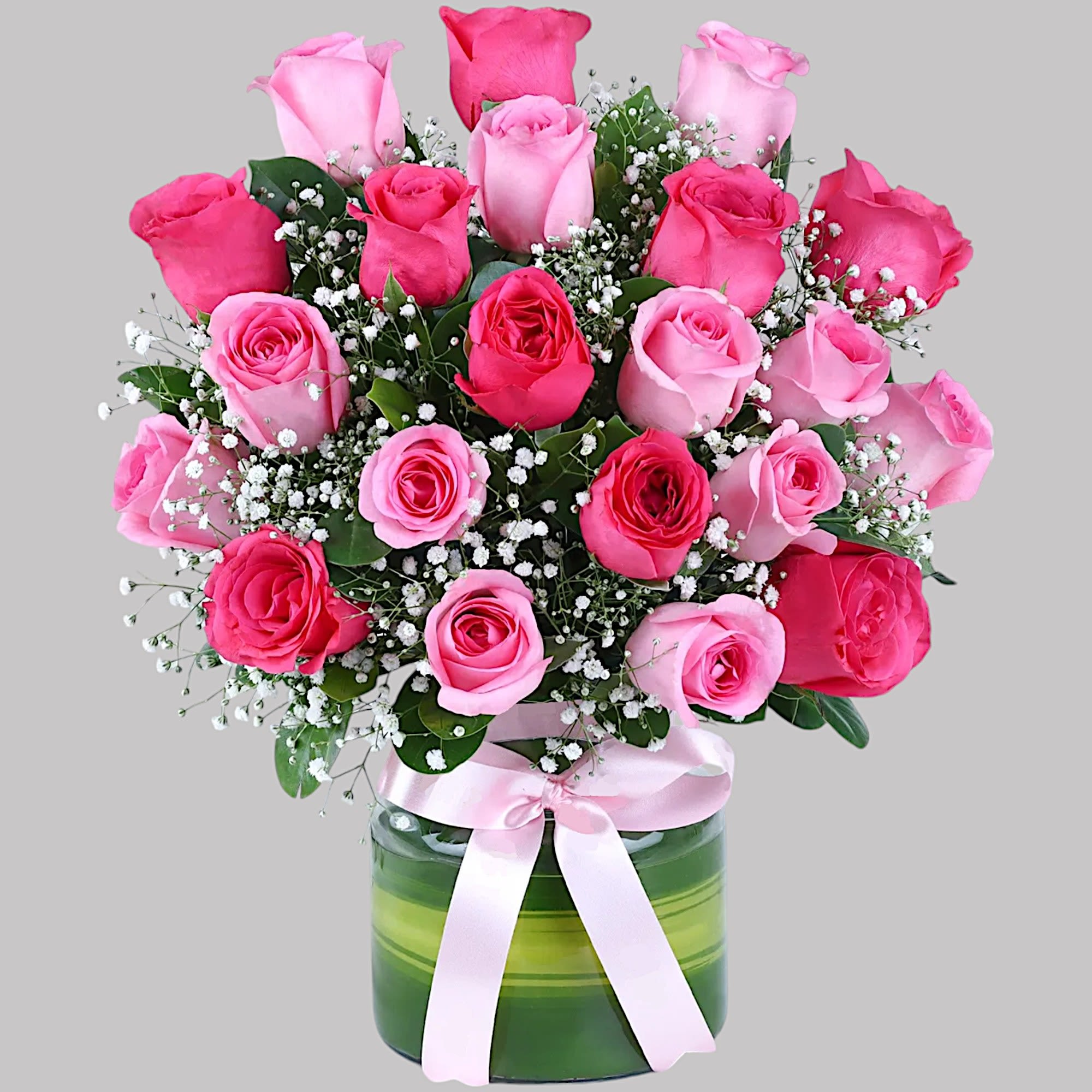 This trendy, high-fashion mix of hot pink roses, and pink roses, is