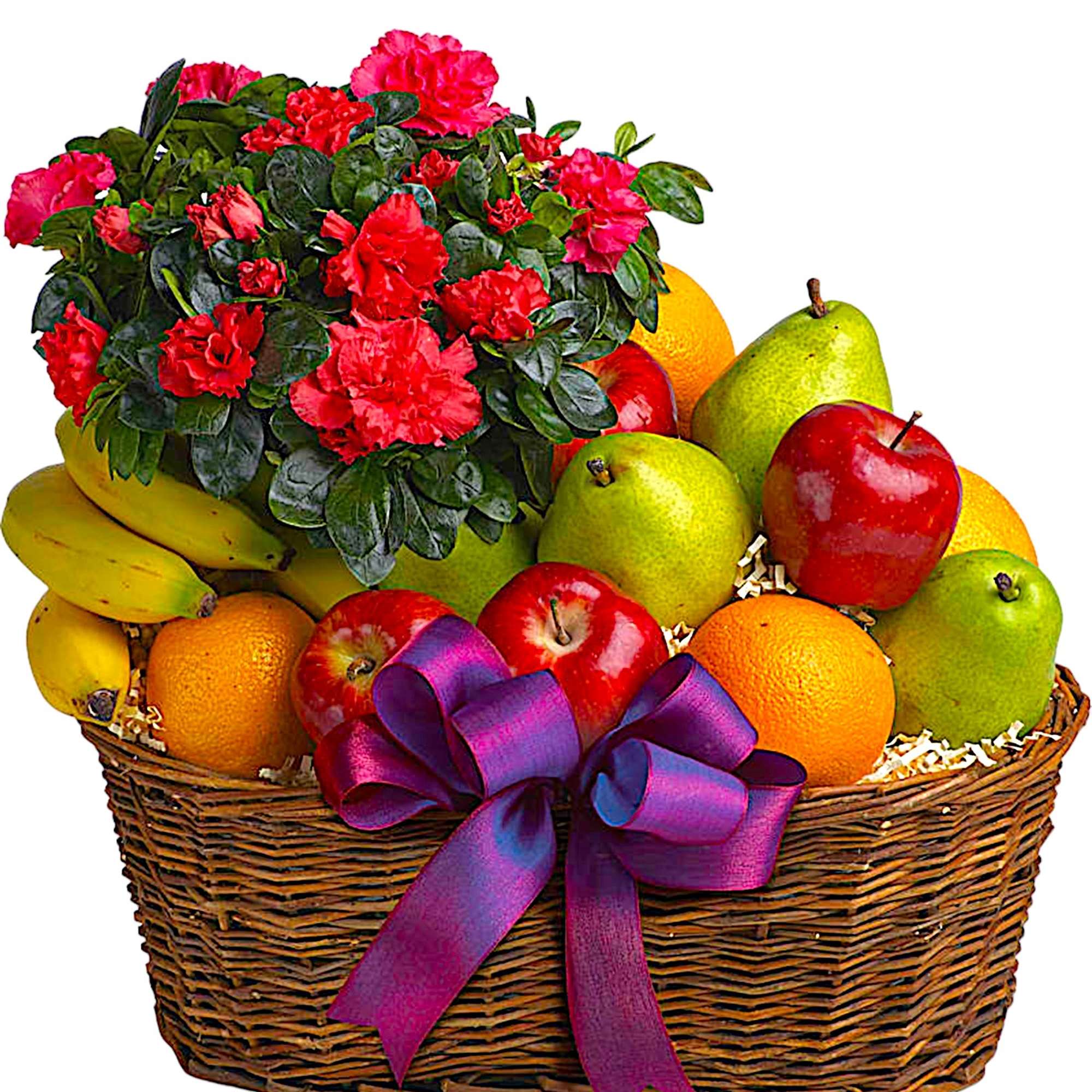 Fruit meets flowers in this delicious arrangement! Brightened by a potted azalea